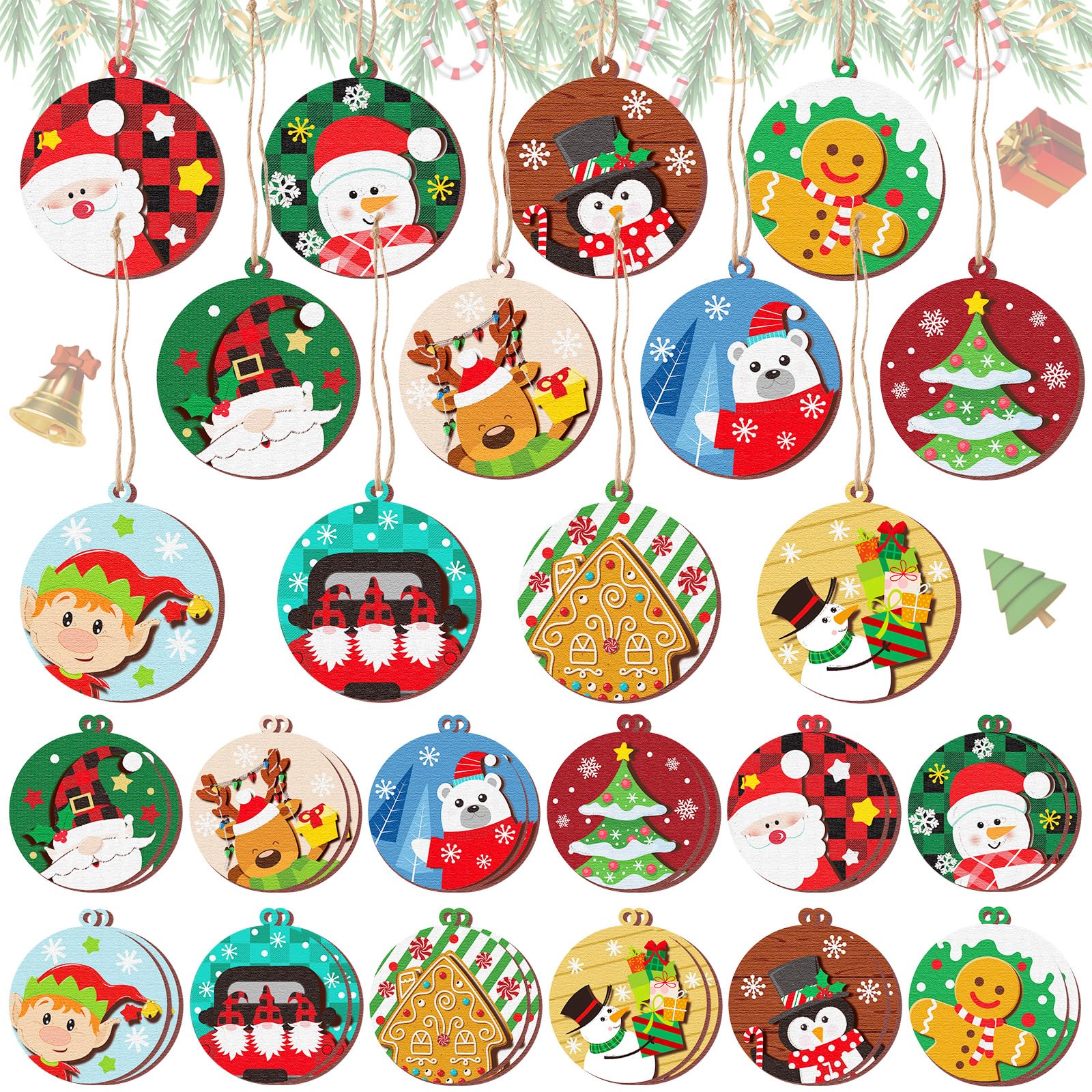 Soaoo36 Pieces Christmas 3D Wooden Ornament Set Vintage Hanging Tree Ornament Bulk Hanging Christmas Decorations with Rope for Xmas Party