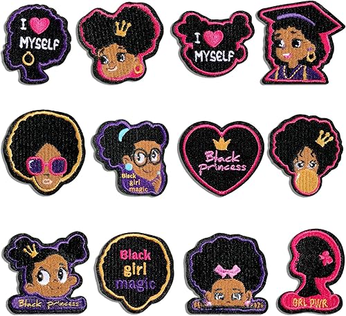 Miniatura 1 de 12 parches bordados para niña negra, parche para coser con planchado, apliques GRL Pwr Princess Reglas de tela, accesorios de ropa, insignia,