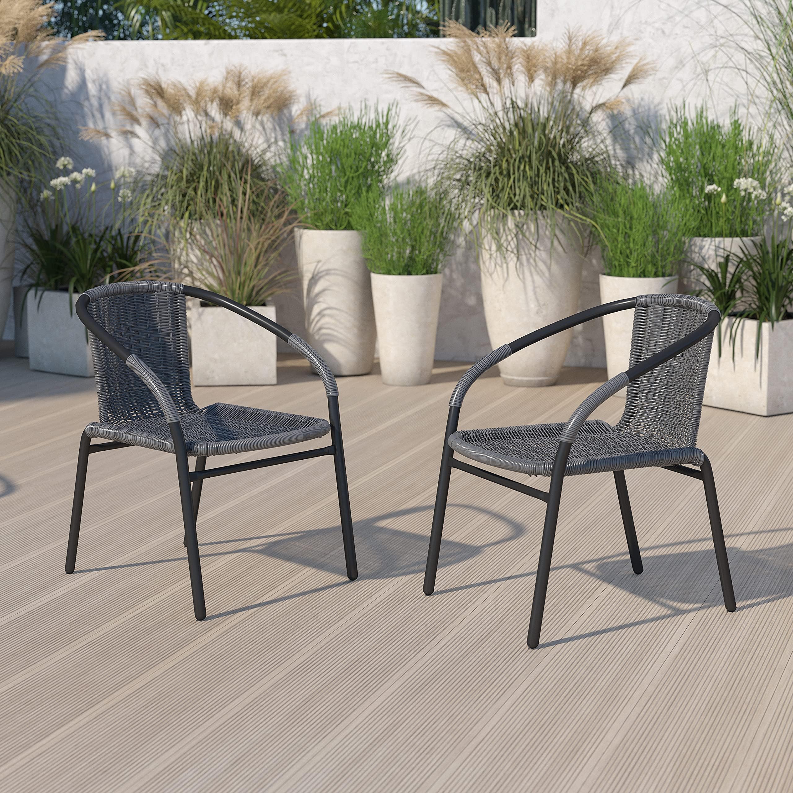 EMMA + OLIVER Set of 2 Modern PE Rattan Stack Chairs, Indoor/Outdoor Patio Dining Chairs, No Assembly Required, Gray