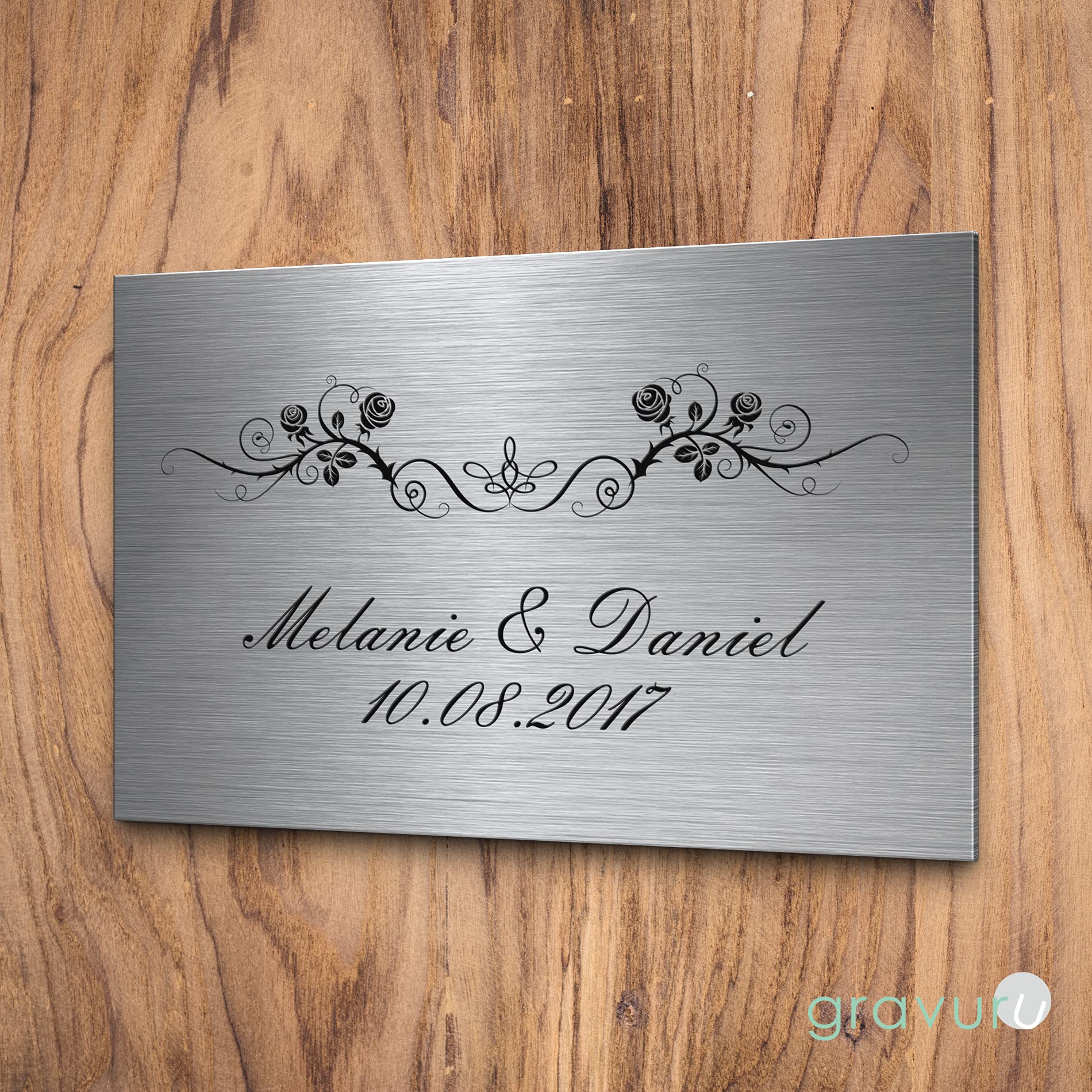 Edelstahl Hochzeitsschilder rechteckig mit Wunsch Gravur zB Name & Spruch & Eheringe Trauringe | Ausgefallene Geschenke Hochzeit viele Motive | Perlenhochzeit Kristallhochzeit