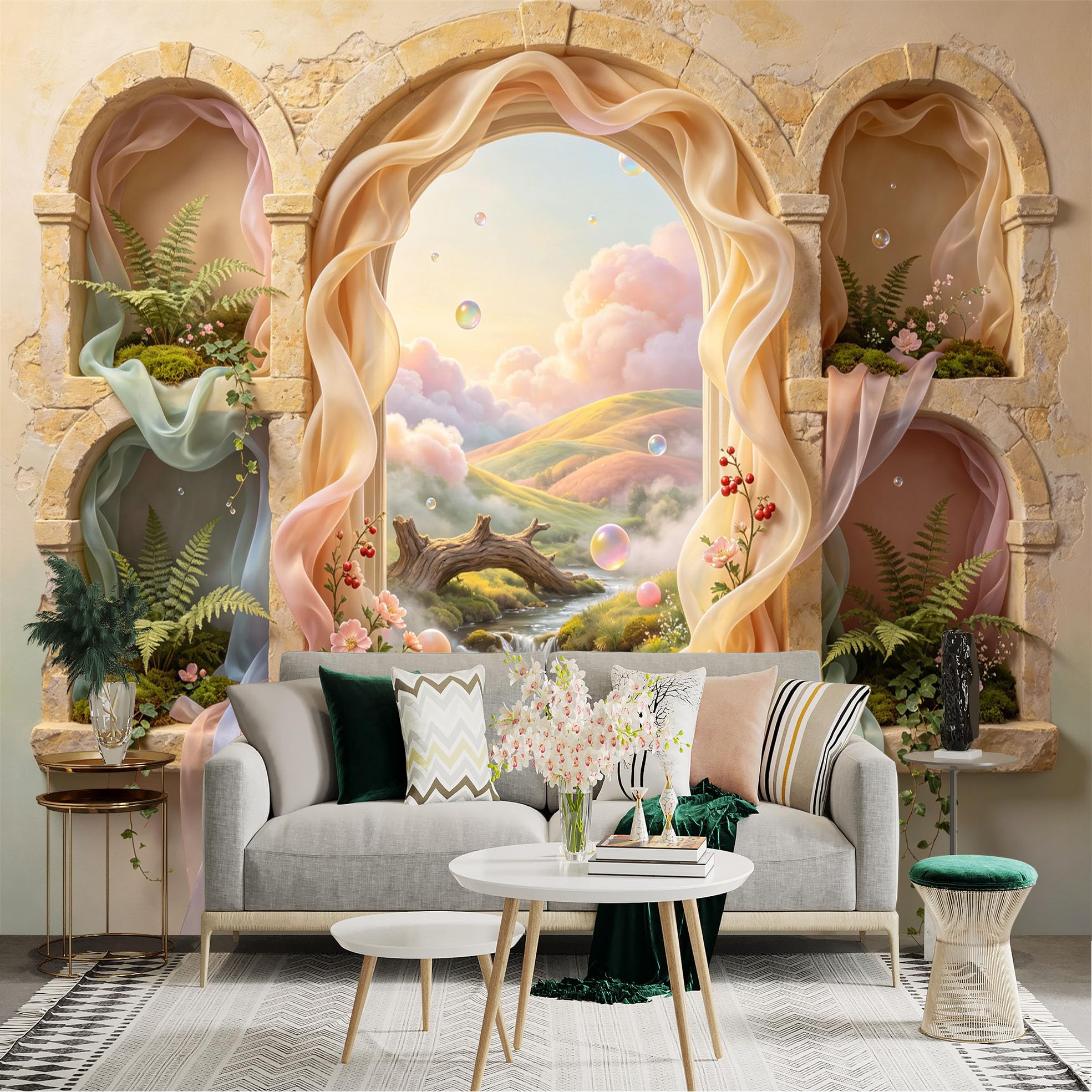 Custom Size Wall Sticker Mural， Dreamy Window View with Flowing Fabric， Flowers， Ferns and Sunny Hills， for wall Decoration， peelandstick wall Decals.