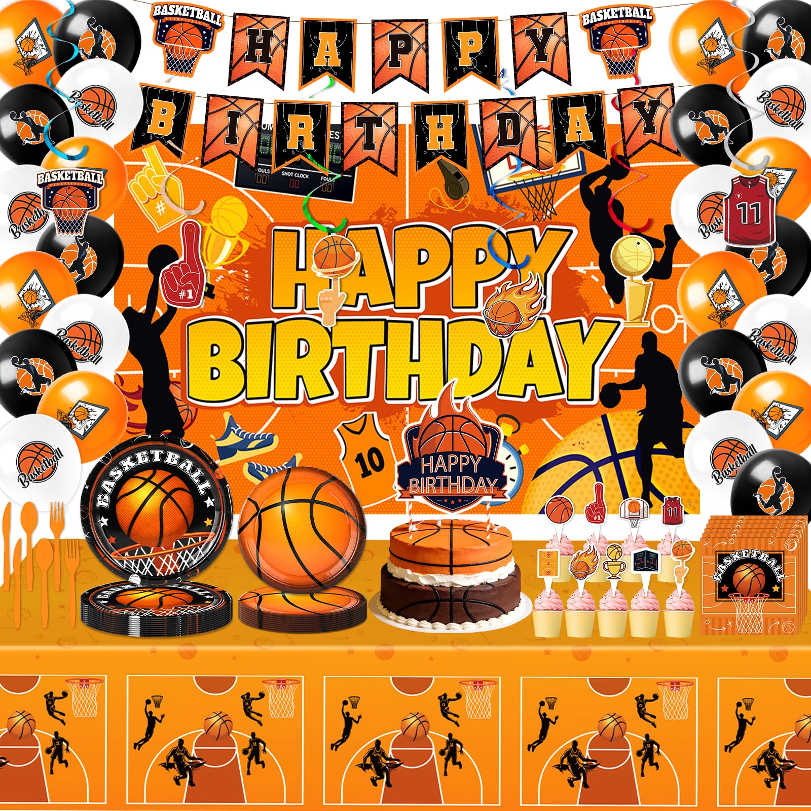 Photo 1 of 116 PCS Basketball Birthday Decorations Kit, Party Supplies - Includes Balloons, Backdrop, 300g Plates, Tablecloth, Banner, Cake Toppers, Cutlery for Sports Theme Party, Serves 10