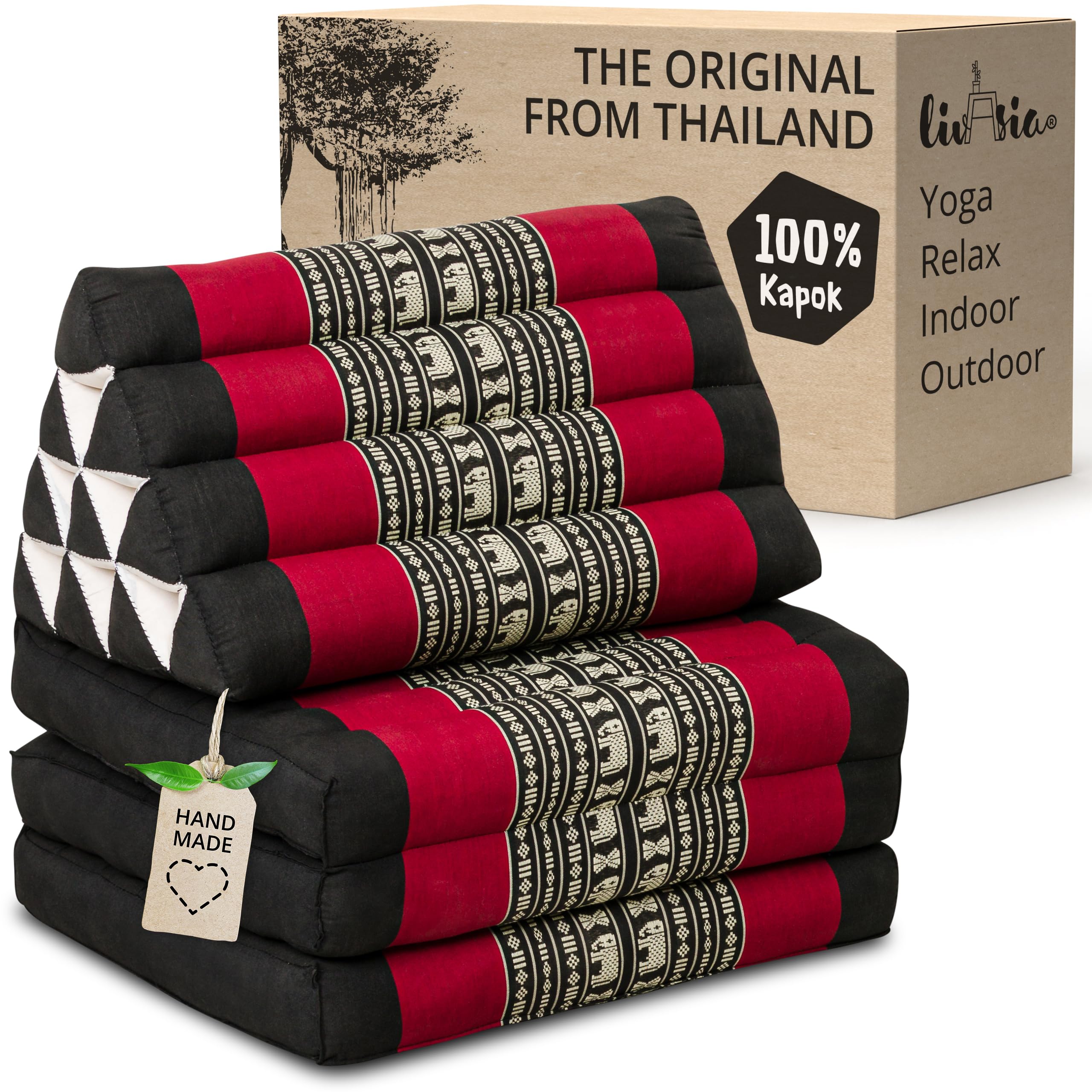 livasia Thai cushion with 3 seat rests - 69x20x3.1″ - Triangle cushion with folding mattress, Wedge cushion, kapok, Back support cushion, folding, Thai mat, folding, Hand made (Black/Elephants)