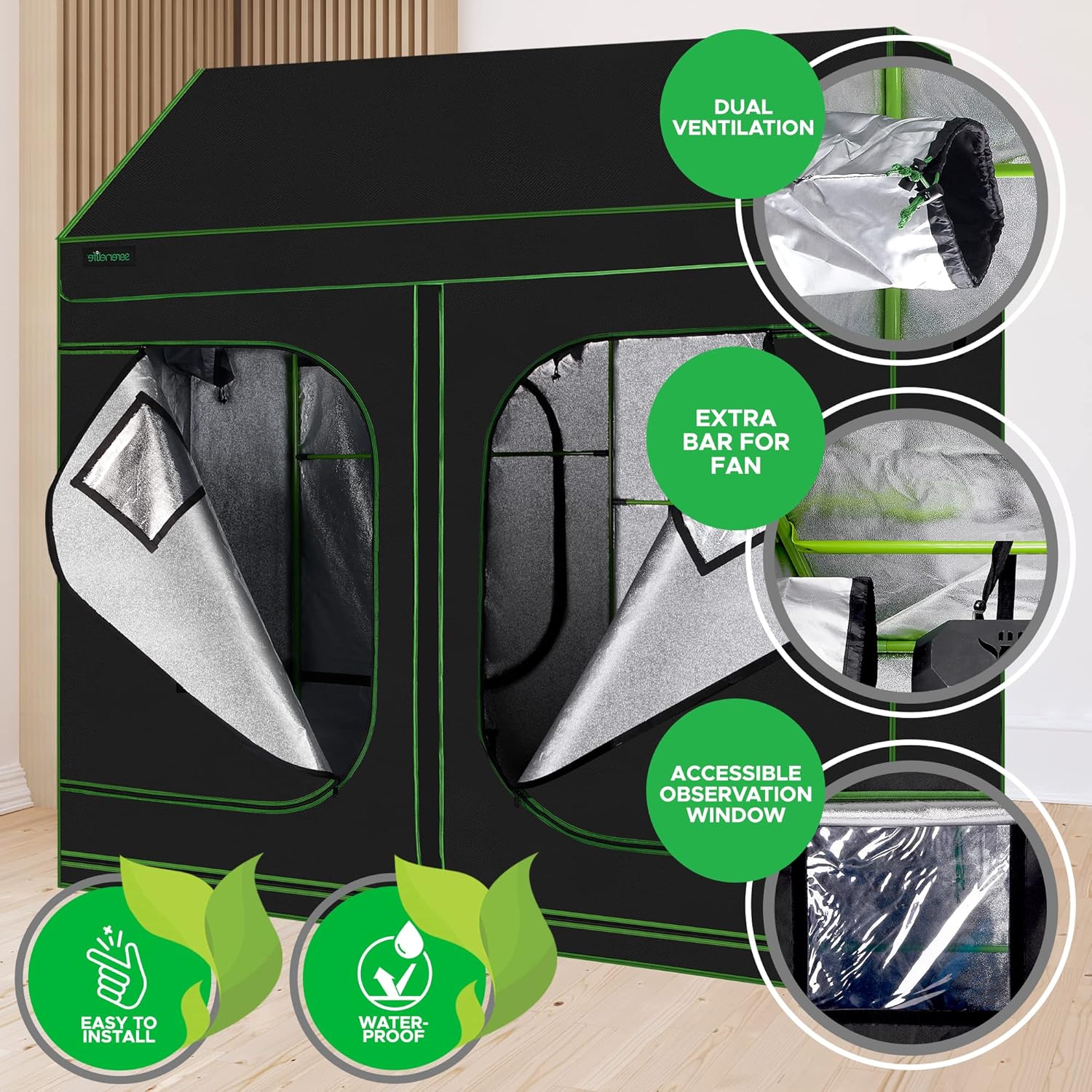 SereneLife Extra Large Hydroponic Growing System 8ft x 4ft x 6.67ft Indoor with Reflective Mylar,Observation Window,Removable Floor Tray,Pole Shelf for Plant Garden in a Grow Tent