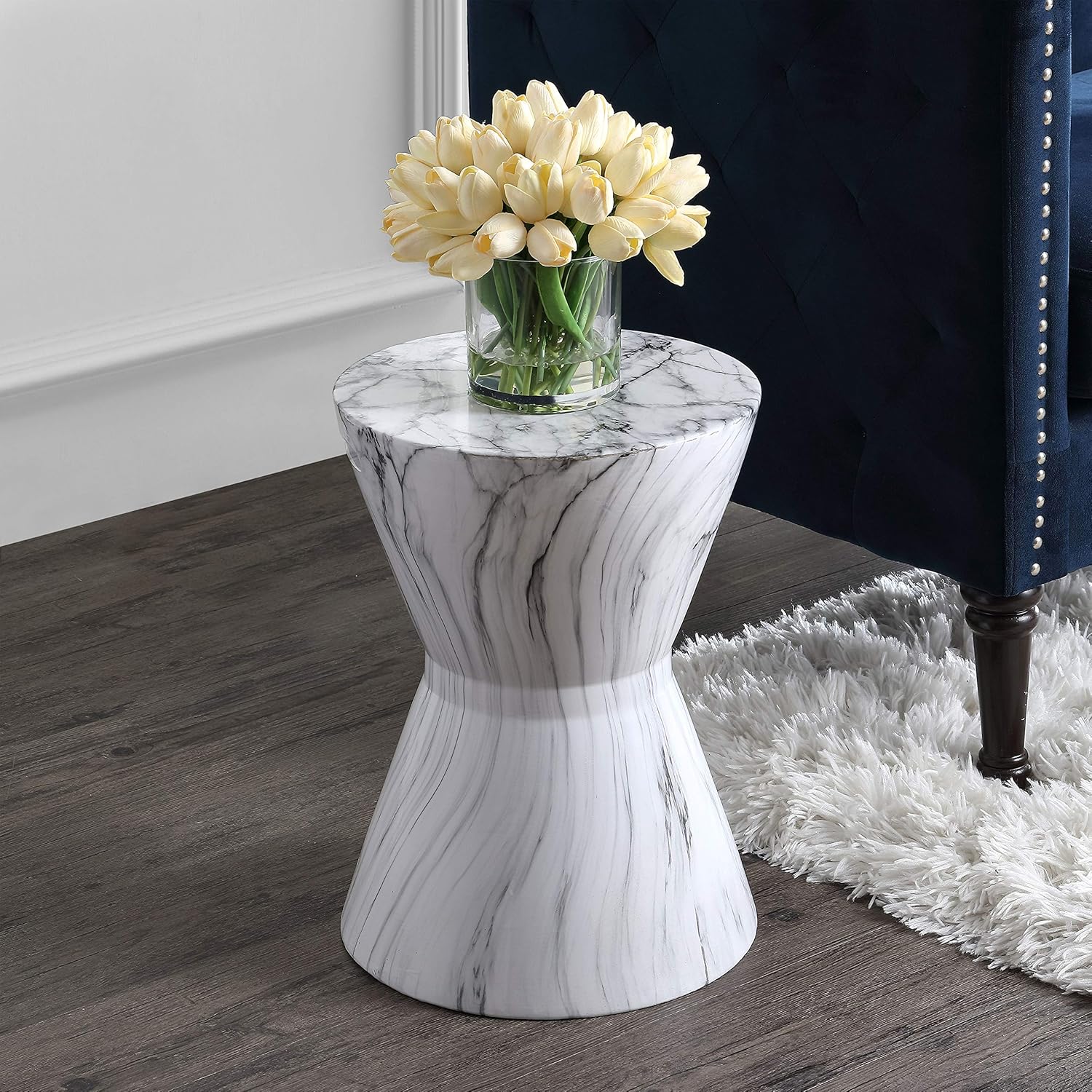 JONATHAN Y TBL1020A African Drum 17.3" White Marble Finish Ceramic Indoor/Outdoor Garden Stool, Contemporary, Midcentury, Modern, Scandinavian, Side Table, Plant Stand,Spill-Proof, White Marble Finish