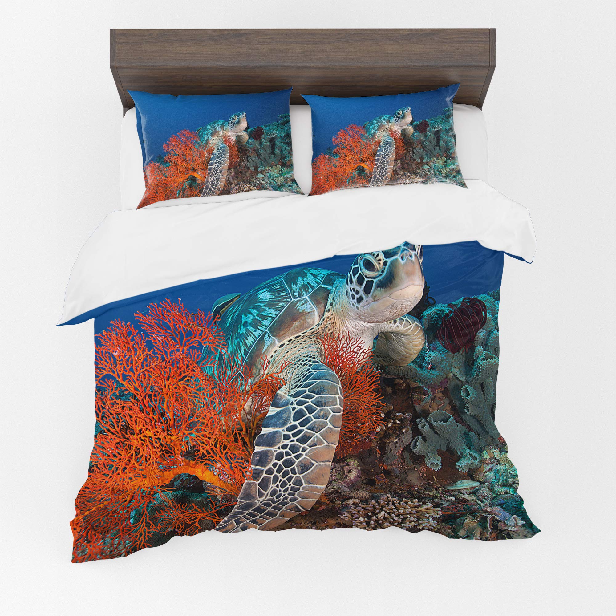 Adam Home 3D Digital Printed Underwater Turtles Duvet Cover Set With Pillowcases For Kids Adults Home Bedroom Décor Microfiber Double Bedding Set Made in UK |Vibrant Coral Turtle