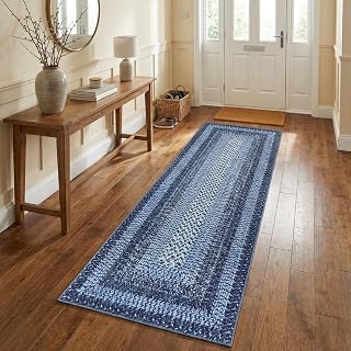 Washable Runner Rug 2x8 Hallway Runner Rug Non Slip Braided Print Indoor Soft Kitchen Rugs Stain-Resistant Foldable Thin Mat Low Pile Non-Shedding Accent Mat for Entryway Bedside Navy
