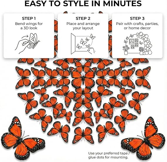 48PCS Monarch Butterfly Decorations, Realistic Artificial Butterflies for Wall Decor, Colorful Butterfly Crafts for Wedding, Home, Birthday Party & DIY, 1.6 in