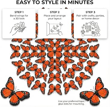 48PCS Monarch Butterfly Decorations, Realistic Artificial Butterflies for Wall Decor, Colorful Butterfly Crafts for Wedding, Home, Birthday Party & DIY, 1.6 in