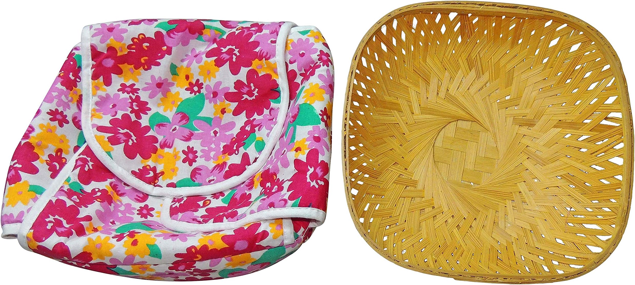 Roti Chapati Cane Tokari Basket with Printed Removable Washable Elastic Cotton Cover - Assorted Colours