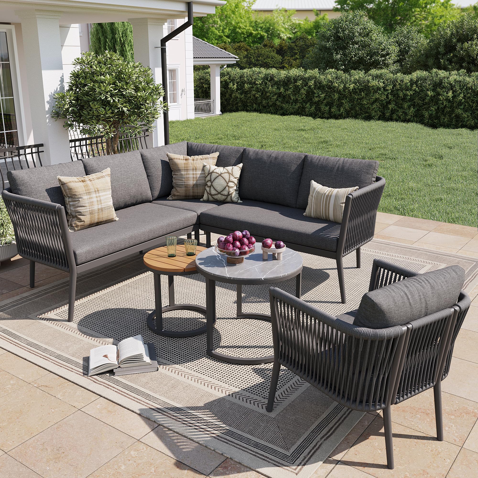 Conjunto de Muebles de Jardín Exterior 7 Piezas Juego de Salón de Jardín con 2 Sofá de 2 Plazas 1 Sillon 1 Sofá de Esquina y 2 Mesa, Muebles de Jardin con Cojines, Conjunto Mesa y Sillas, Gris