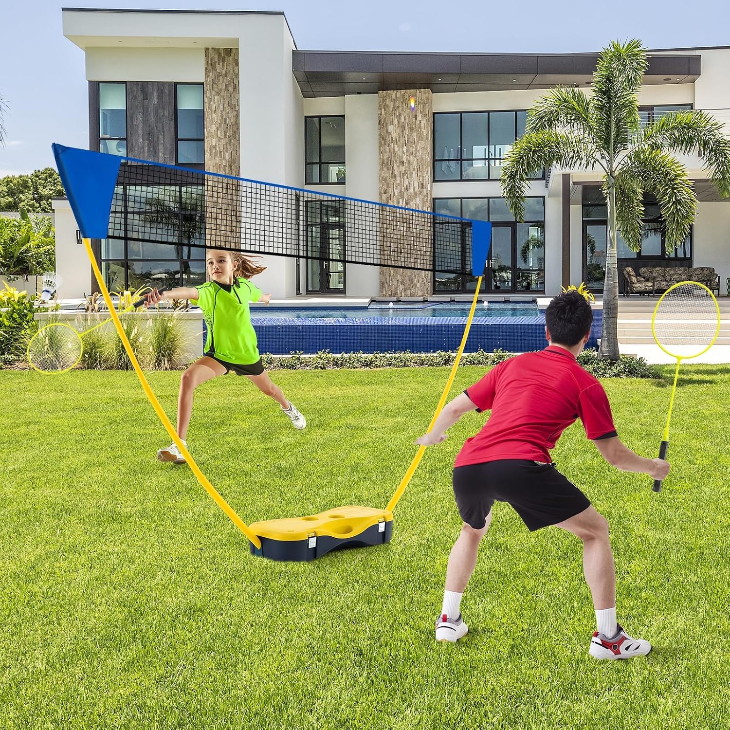 Tragbares Badminton-Set, Faltbares Badmintonnetz | Mit Freistehendem Ständer, 2 Badmintonschlägern, 2 Federbällen, Für Indoor- Und Outdoor-Spiele Yellow 270 X 33.5 X 160 cm