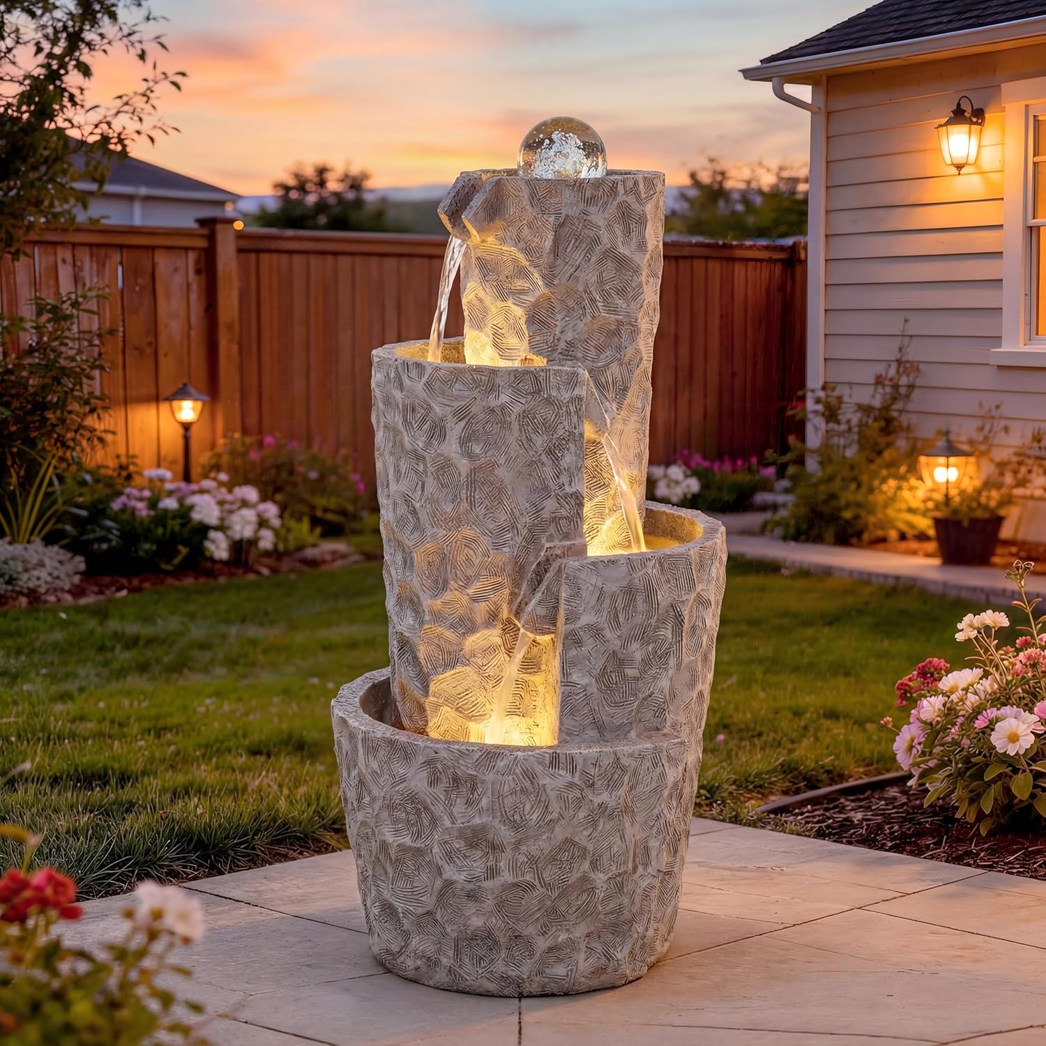 28" 4-Tier Twist Water Fountain with Rotating Crystal Ball, Exclusive Honeycomb Texture, Cascading Waterfalls, Weather-Resistant Outdoor Fountain Creates Tranquil Oasis for Garden Patio