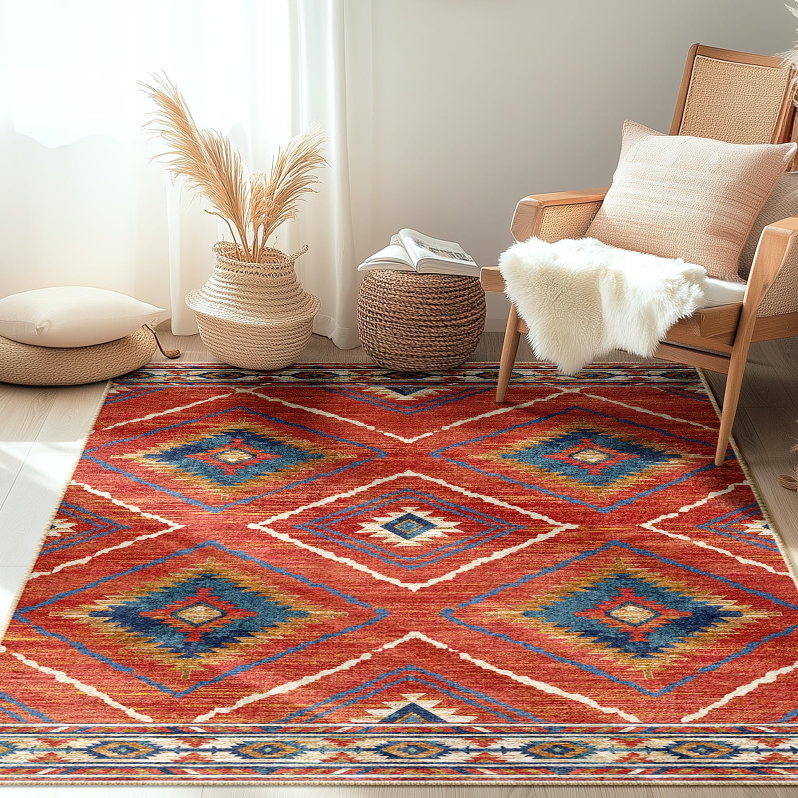 Area Rug 4x6 Rug Machine Washable Non-Slip Low Pile Print Pattern Western Rug for Living Room Bedroom Entryway Tribal Series -Red/OrangeOEKO-TEX STANDARD 100