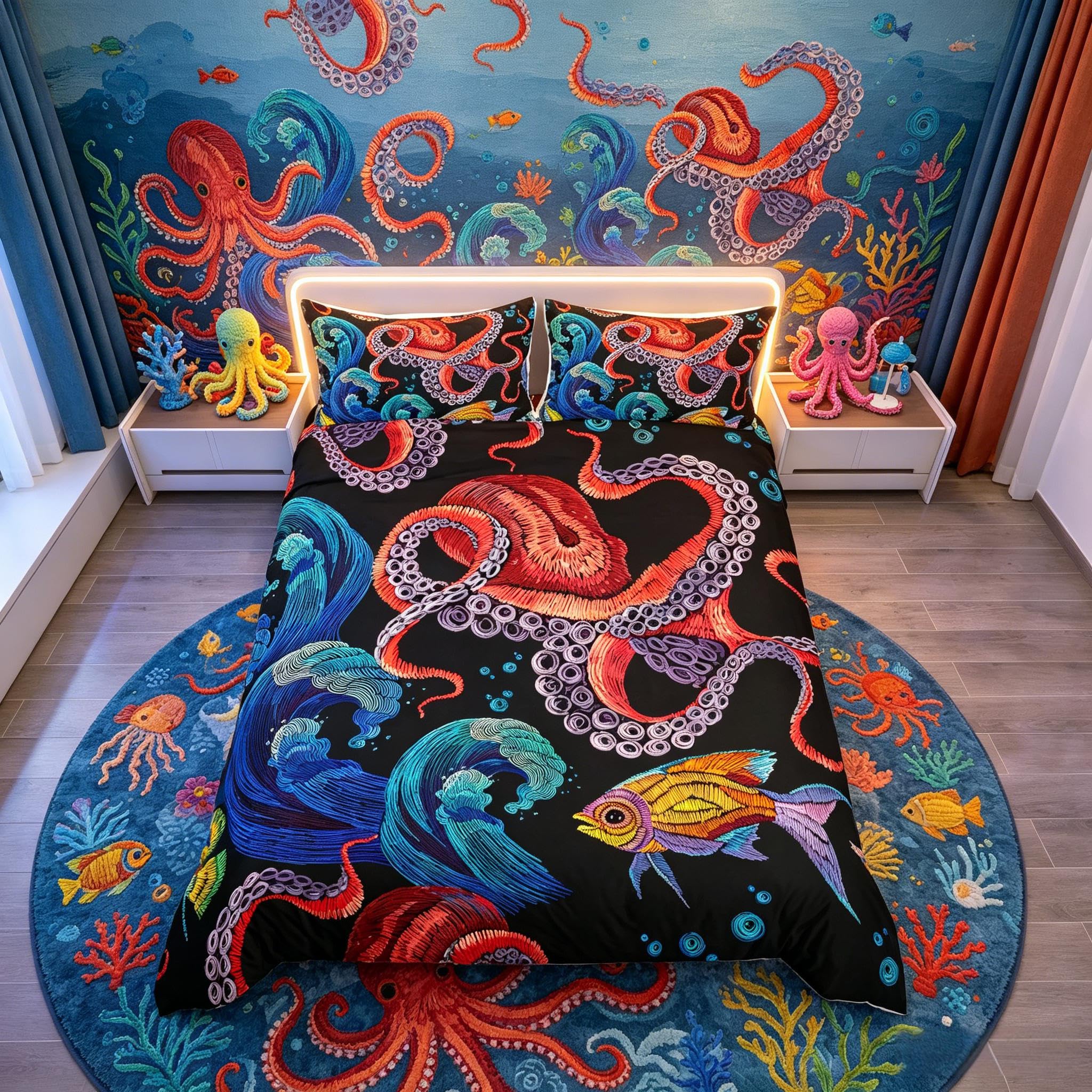 Homemissing Boys Multicoloured 10 Red Octopus Tentacles Bedding Set Sea Wave Comforter Cover For Kids Girls Teens Tropical Fishes Duvet Cover Underwater Animal Breathable Bedding & Linen King