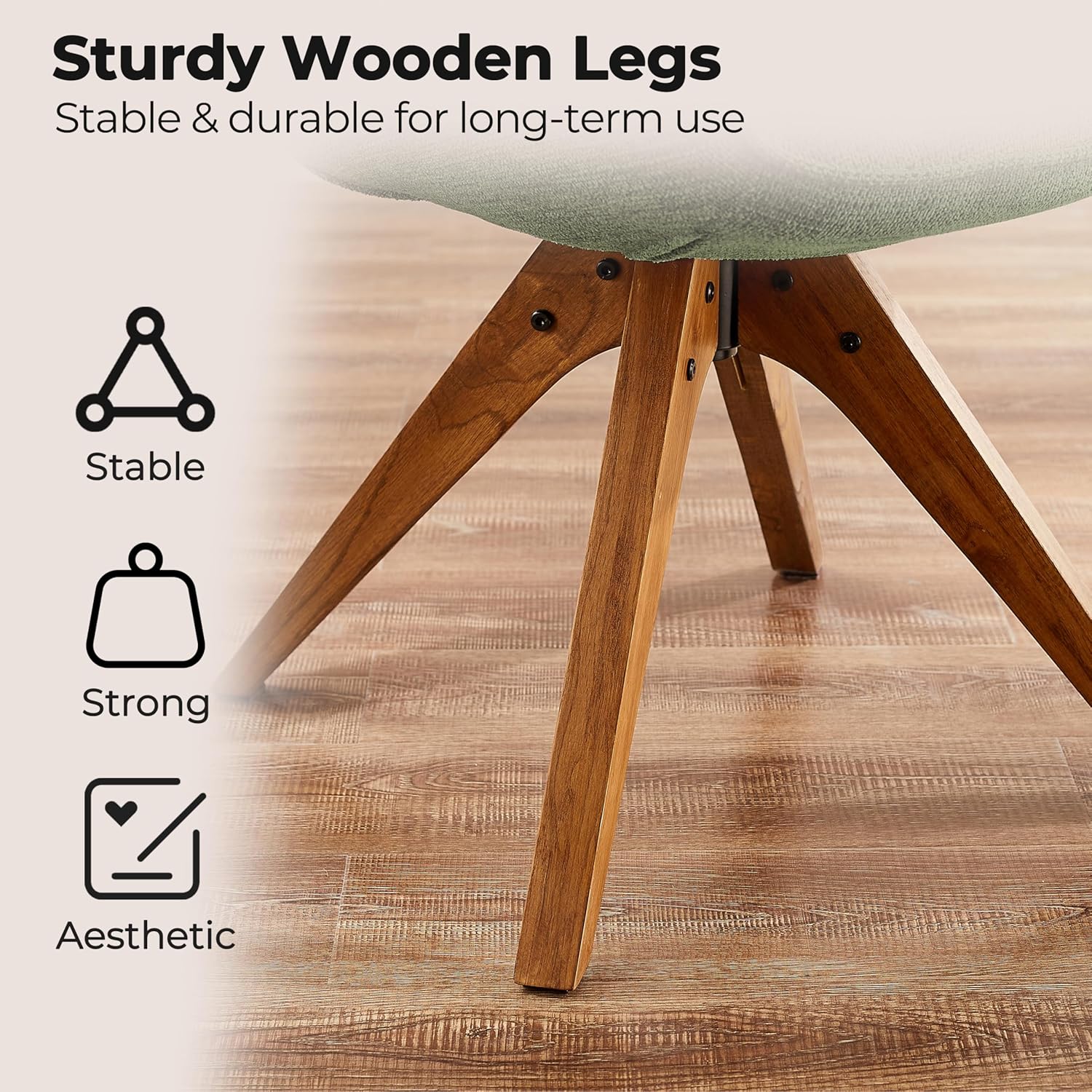 Zouron Mid Century Modern Accent Chair with Wooden Legs, Swivel Desk Chair No Wheels, Upholstered Side Armchair Vanity Chair for Small Space Home Office Living Room Bedroom, Green