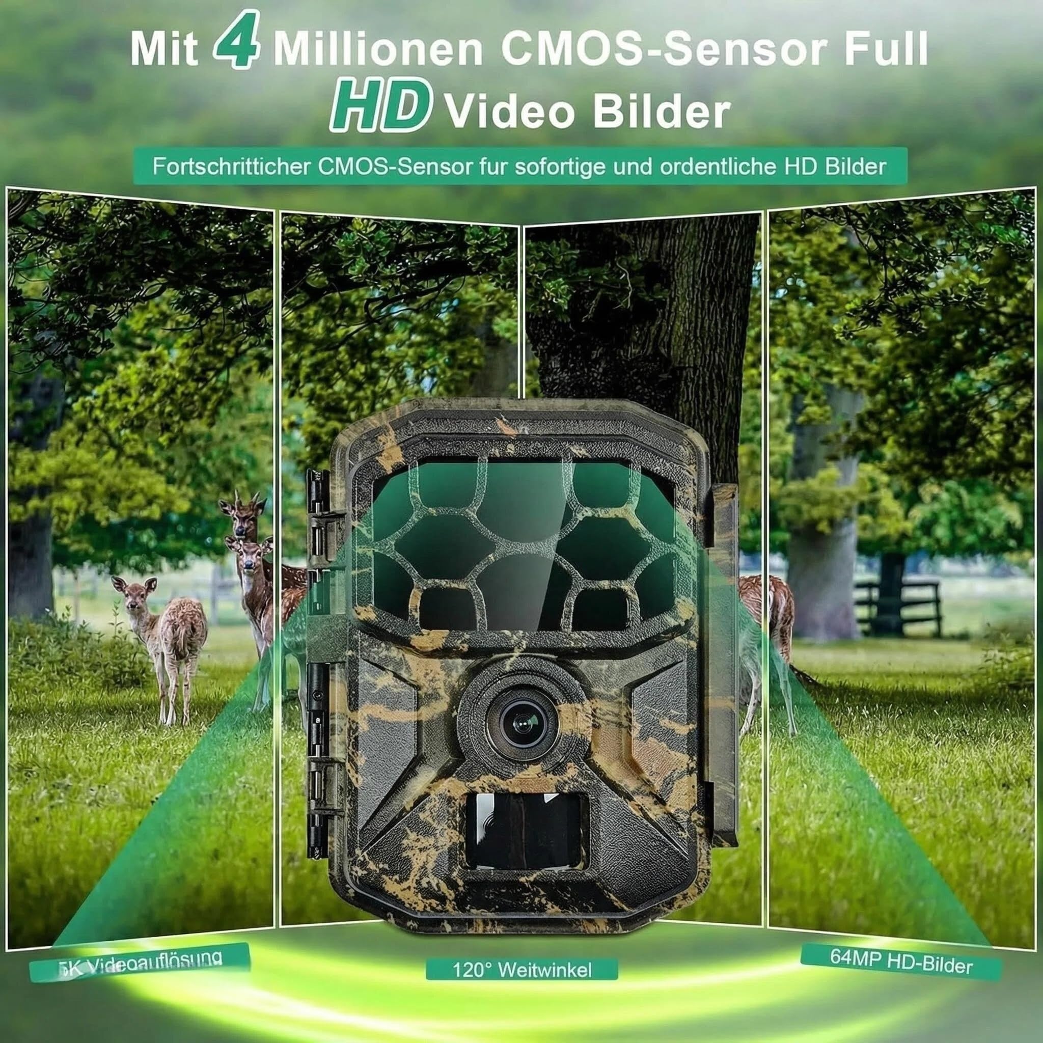 5K 64MP WLAN Solar Wildkamera mit Handy App, 64GB SD Karte | Bewegungsmelder Nachtsicht, 0,1s Schnellauslösezeit, 7800mAh Akku, IP66 Wasserdicht, Outdoor