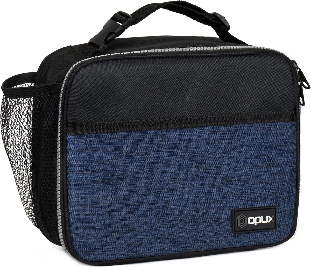 opux Insulated Lunch Bag for Kids, Reusable Lunch Box for School, Navy Blue | Compact Soft Cooler Tote for Boys & Girls, Front Pocket, Mesh Side Bottle Holder, Leakproof BPA-Free Lining, Daycare Work