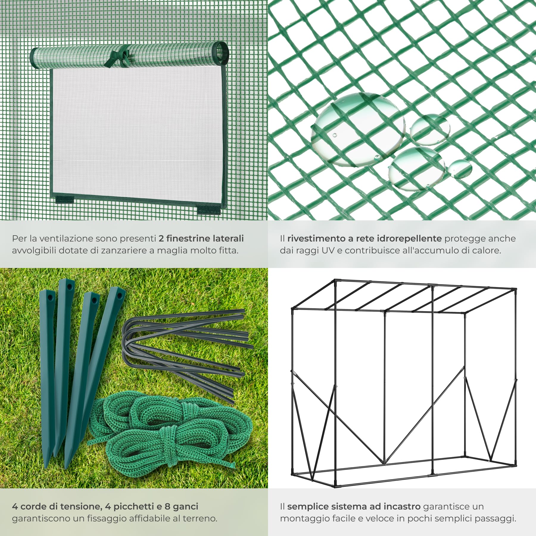 tectake® Serra da Giardino 200x77x170 cm, Copertura Retinata, Telaio in Acciaio, Resistente Intemperie e UV, 2 Finestre Laterali, Porta Avvolgibile, Serra per Orto, Giardinaggio, Piante - Verde
