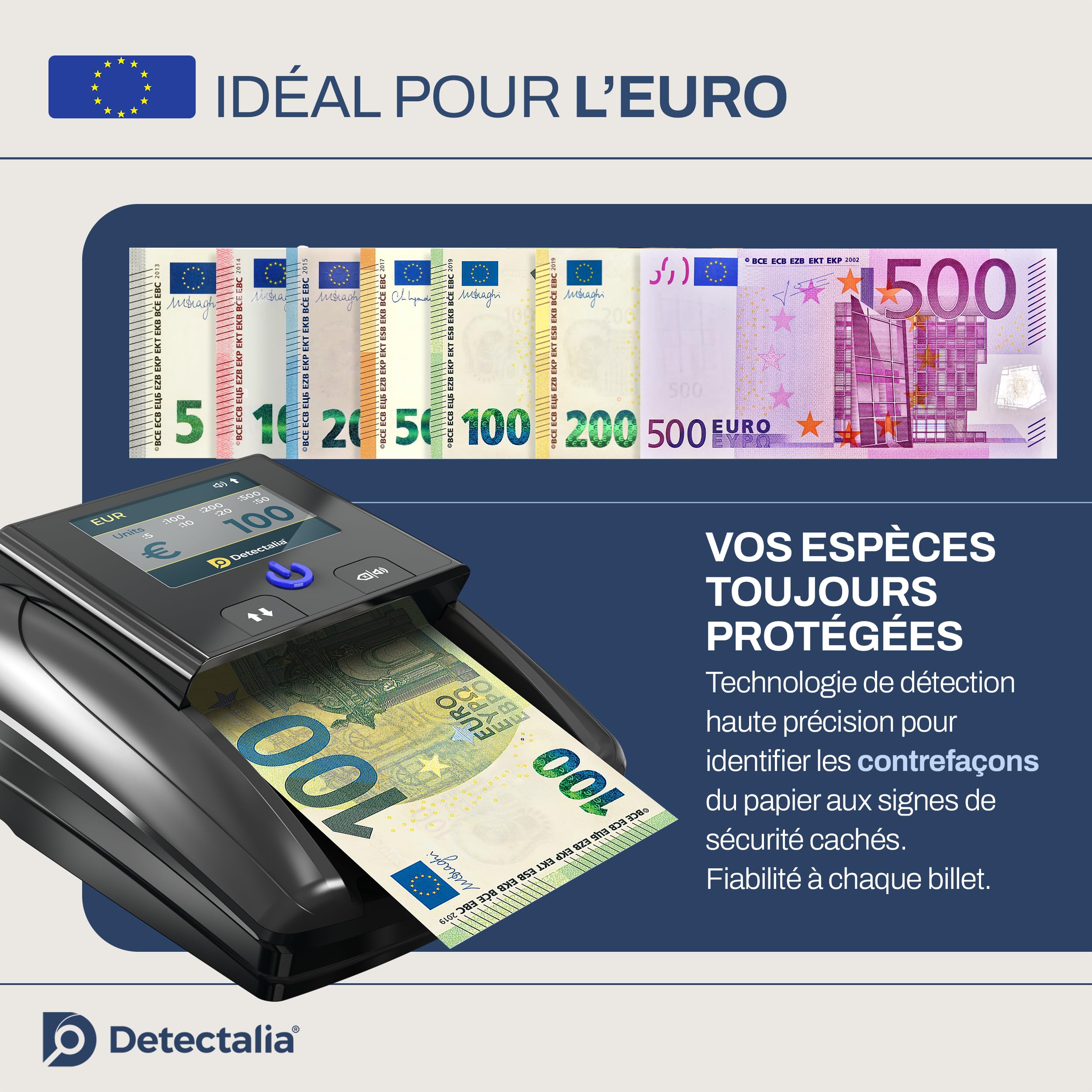 Detectalia D7T+ Détecteur de Faux Billets avec détection 100% et 5 systèmes de détection pour 3 devises EUR, GBP, USD et écran TFT