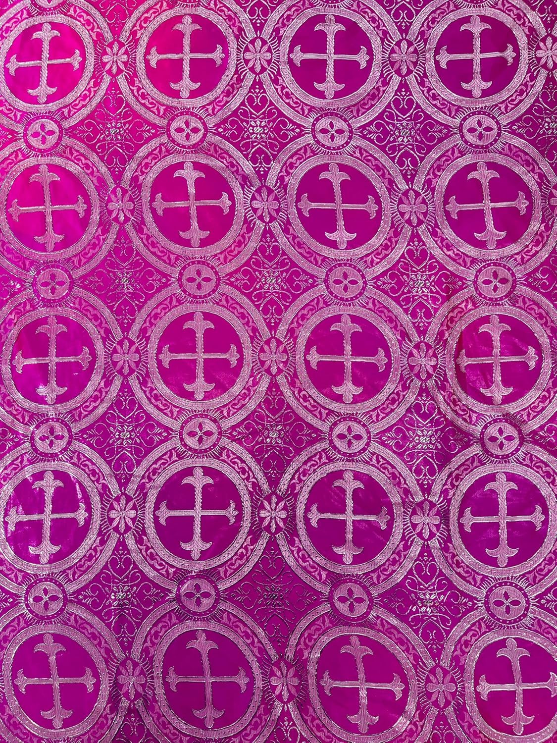 New Creations Fabric & Foam Inc, Square Metallic Cross Brocade Jacquard Satin Table Overlay/Religious Brocade/Liturgical Fabric/Church. (Fuchsia-Silver, 51" x 51" Inches)