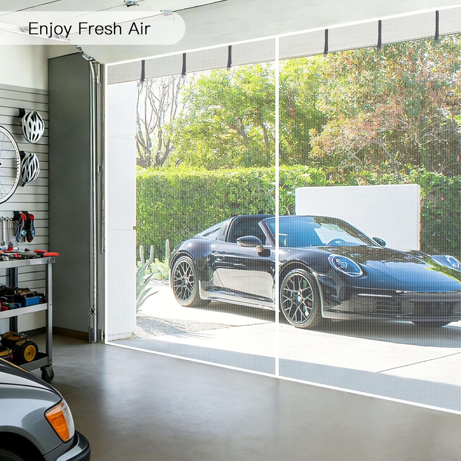 Sunolga Magnetic Garage Door Screen for 2 Car 16x7 FT, Reinforced Polyester Magnetic Screen Door with 26 High Energy Magnets and 6 Strapping Tapes, Hands-Free Screen Door Mesh for Garage Door White