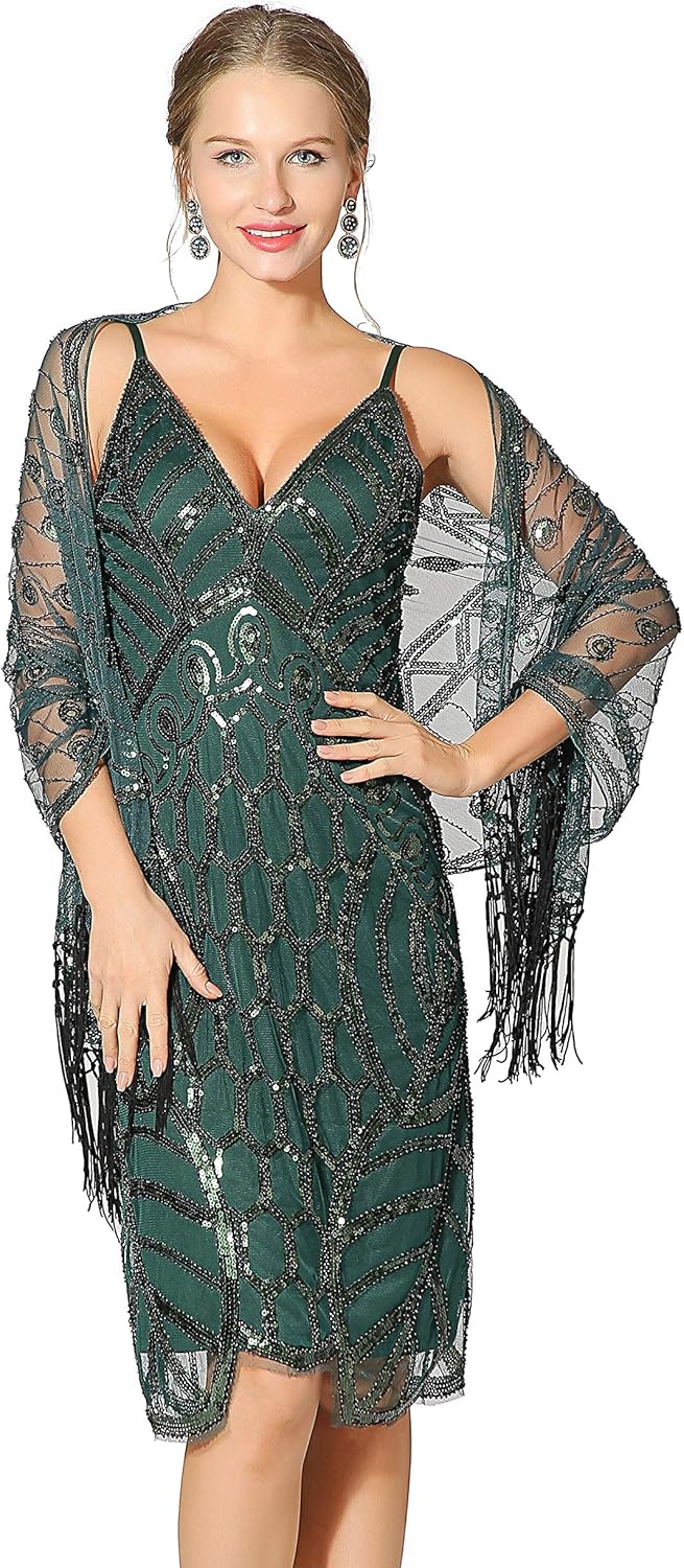 Metme Women's 1920s Scarf Wraps Sequin Deco Fringed Wedding Cape Evening Shawl Vintage Prom - Image 2