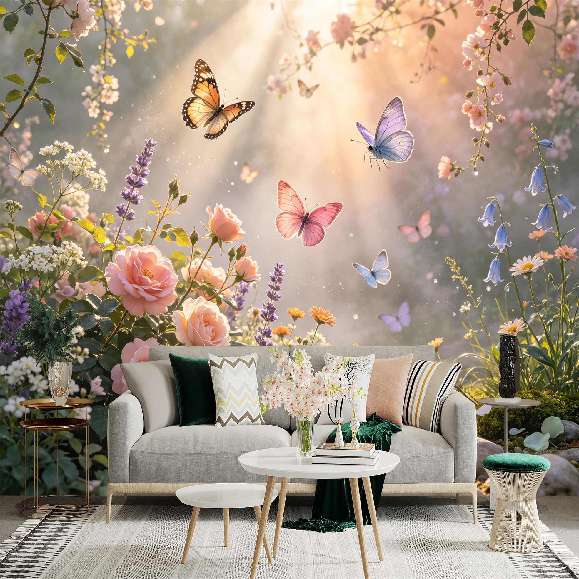 Lnzczhyre Bh260719546 Custom Size Wall Sticker Mural， Flying Butterflies In Sunlit Garden， Blooming Pink Roses And Wildflowers， Magical Floral Nature Scene， For Wall Decoration， Peelandstick Wall Decals.