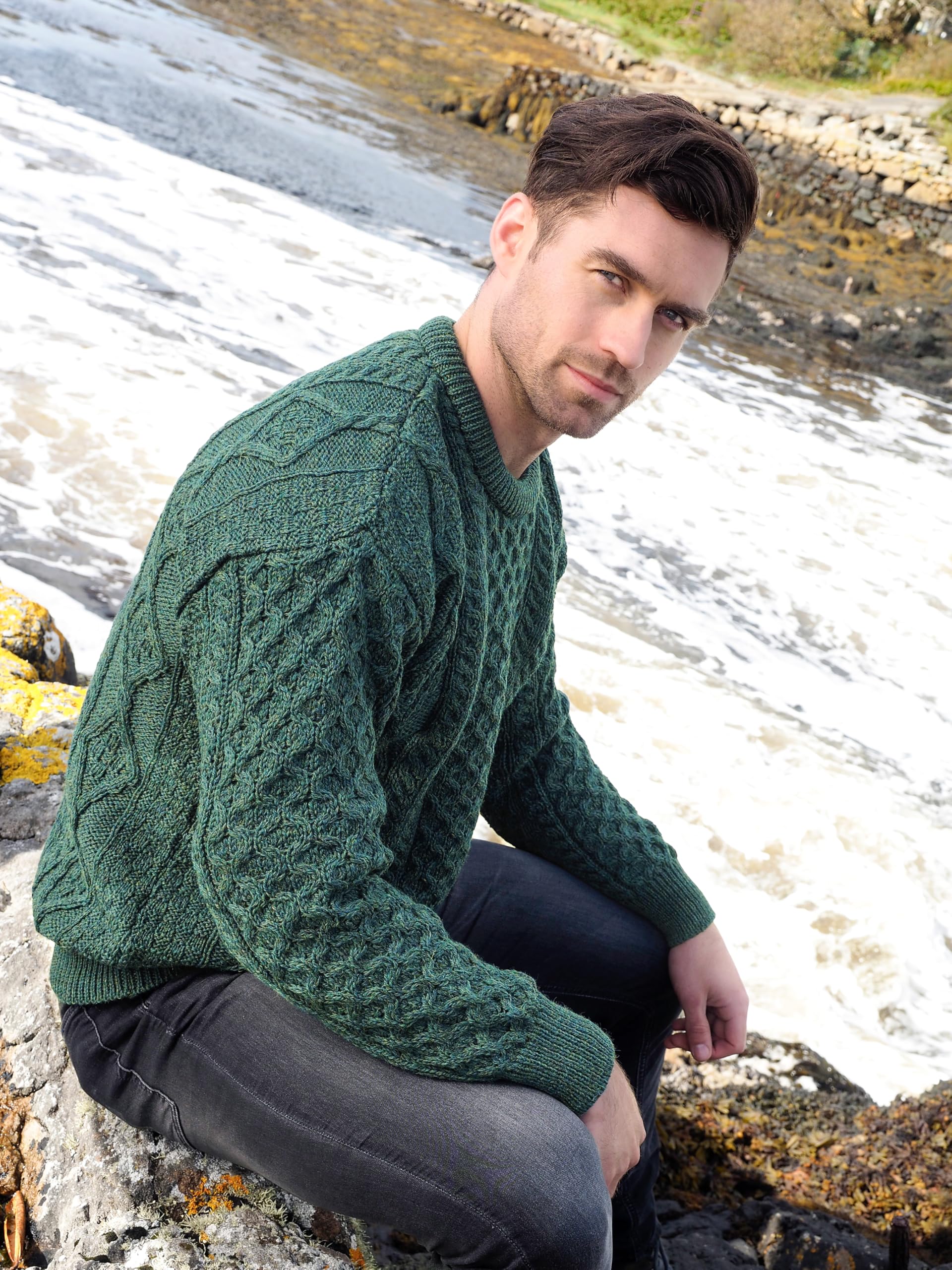 Aran Crafts Irischer weicher Zopfstrickpullover mit Rundhalsausschnitt (100% Reine Schurwolle)