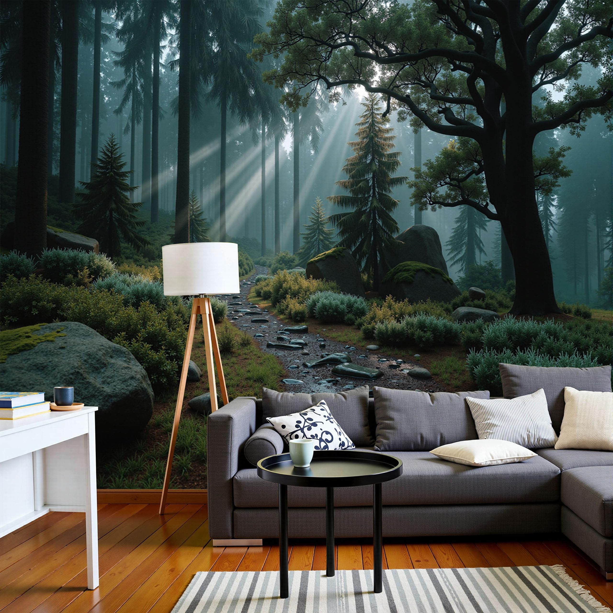 Papier peint soie panoramique 250x175 cm vert foncé motif forêt réaliste
