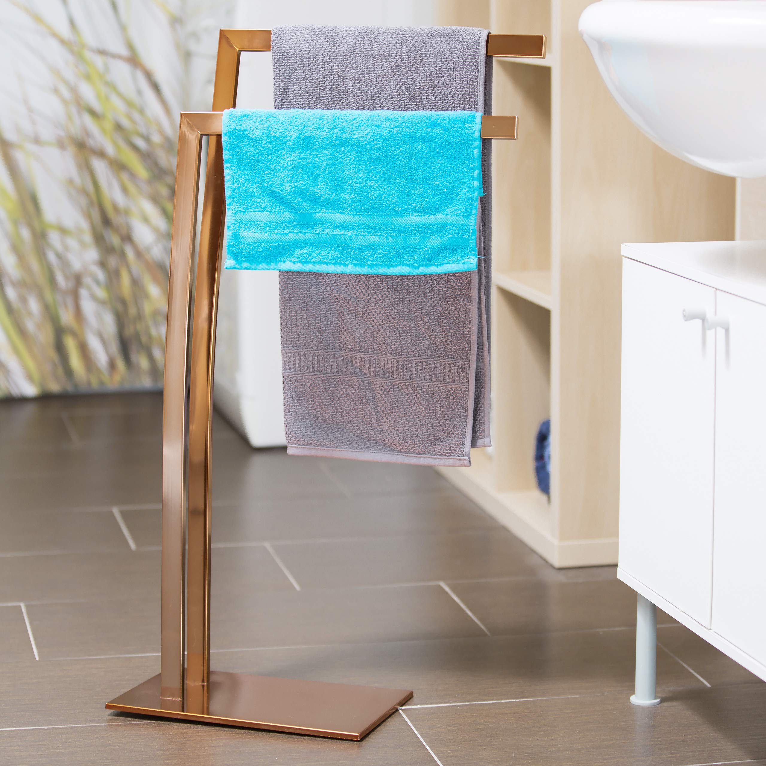 Relaxdays Porta Asciugamani WIMEDO, 80x32x20 cm ca., 2 Aste, Base Rettangolare, Decorazione, Acciaio Inox, Rame