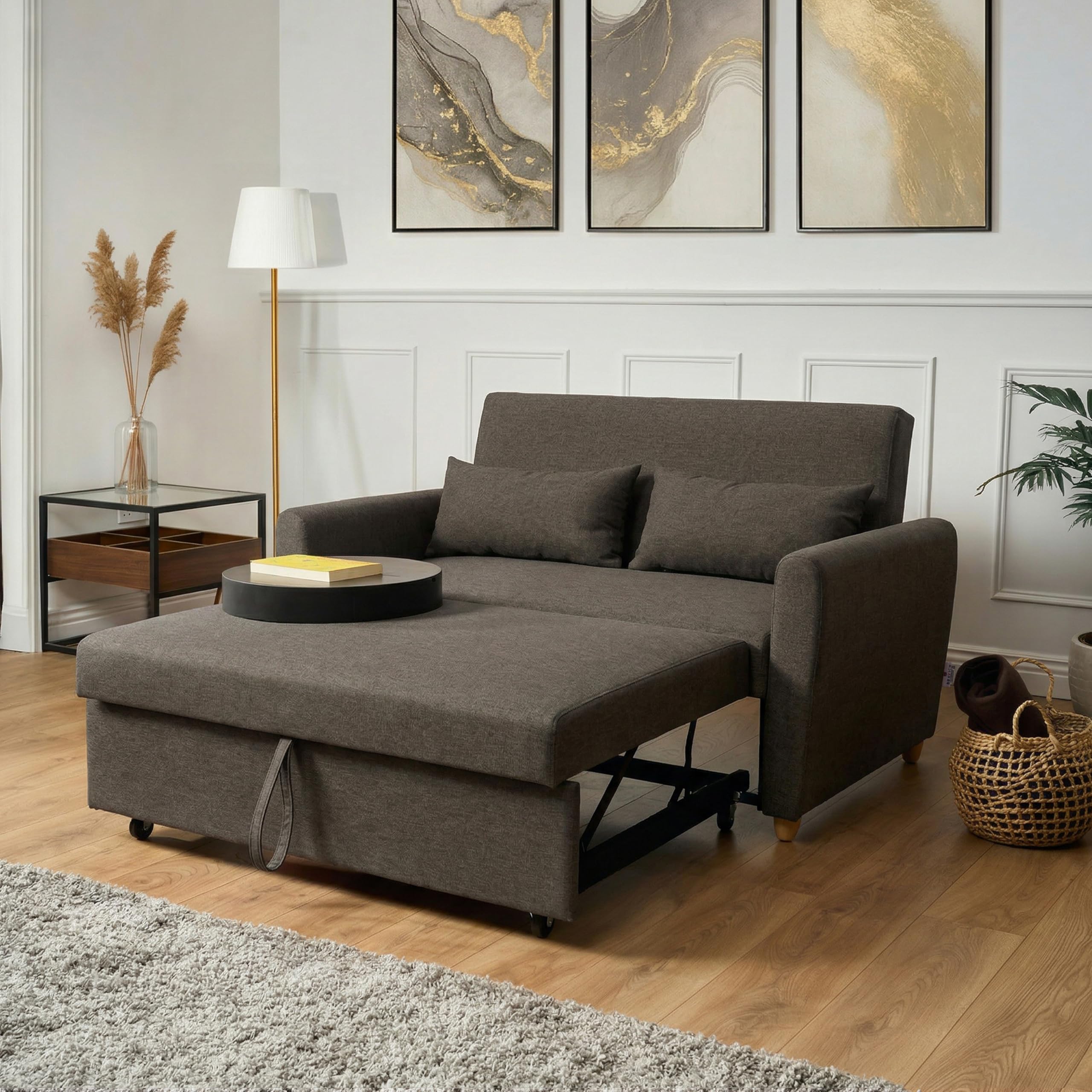 Bravich Dark Brown 2 Seater Sofa Bed Double, Pull Out Sofa Bed for Adults, Compact Fabric Sofabed with Fold Flat Mattress | Living Room Guest Bed | 140cm