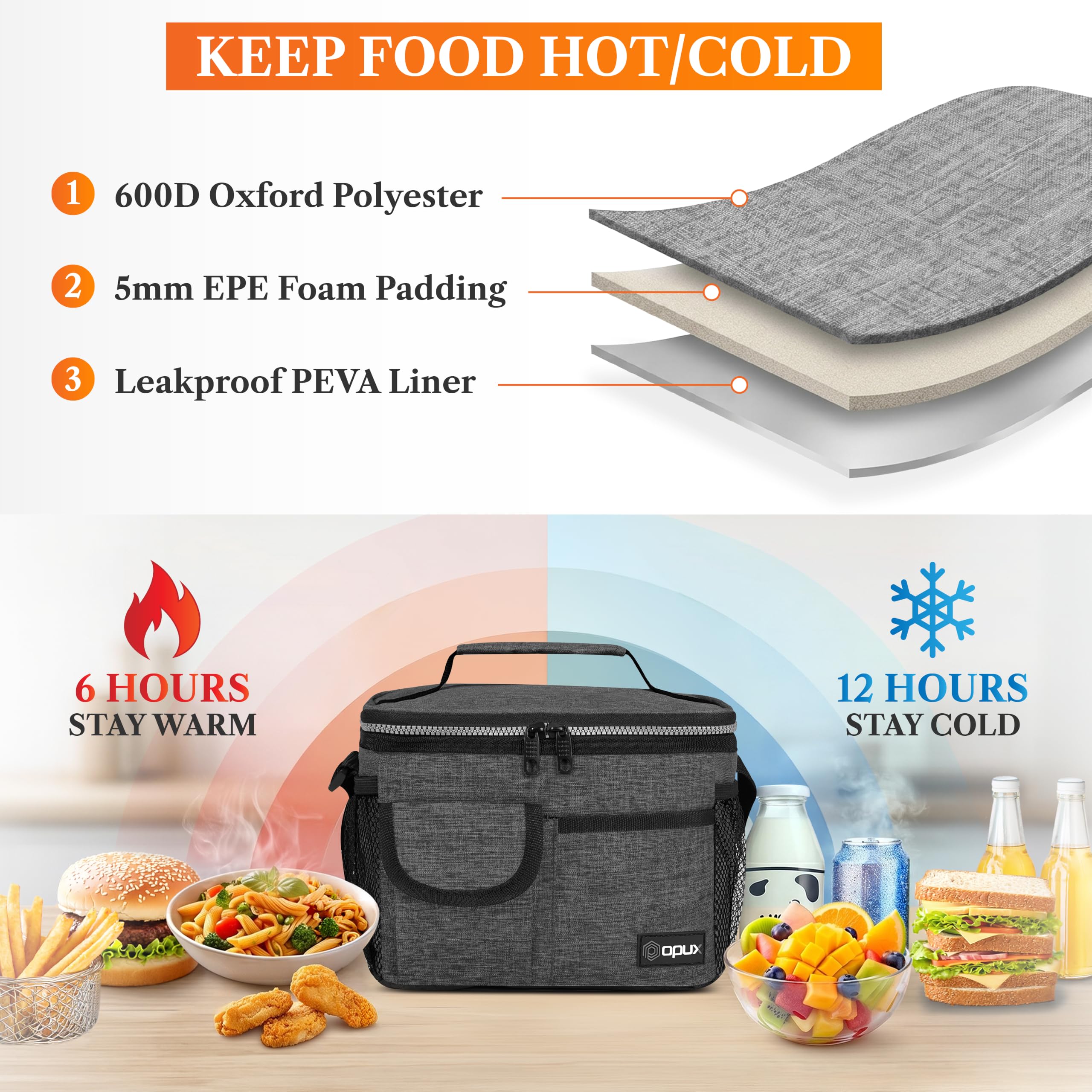 Bolsa térmica OPUX para el almuerzo para adultos hombres mujeres niños y niñas bolsa térmica mediana a prueba de fugas para escuela trabajo oficina almuerzo con correa para el hombro bolsillo