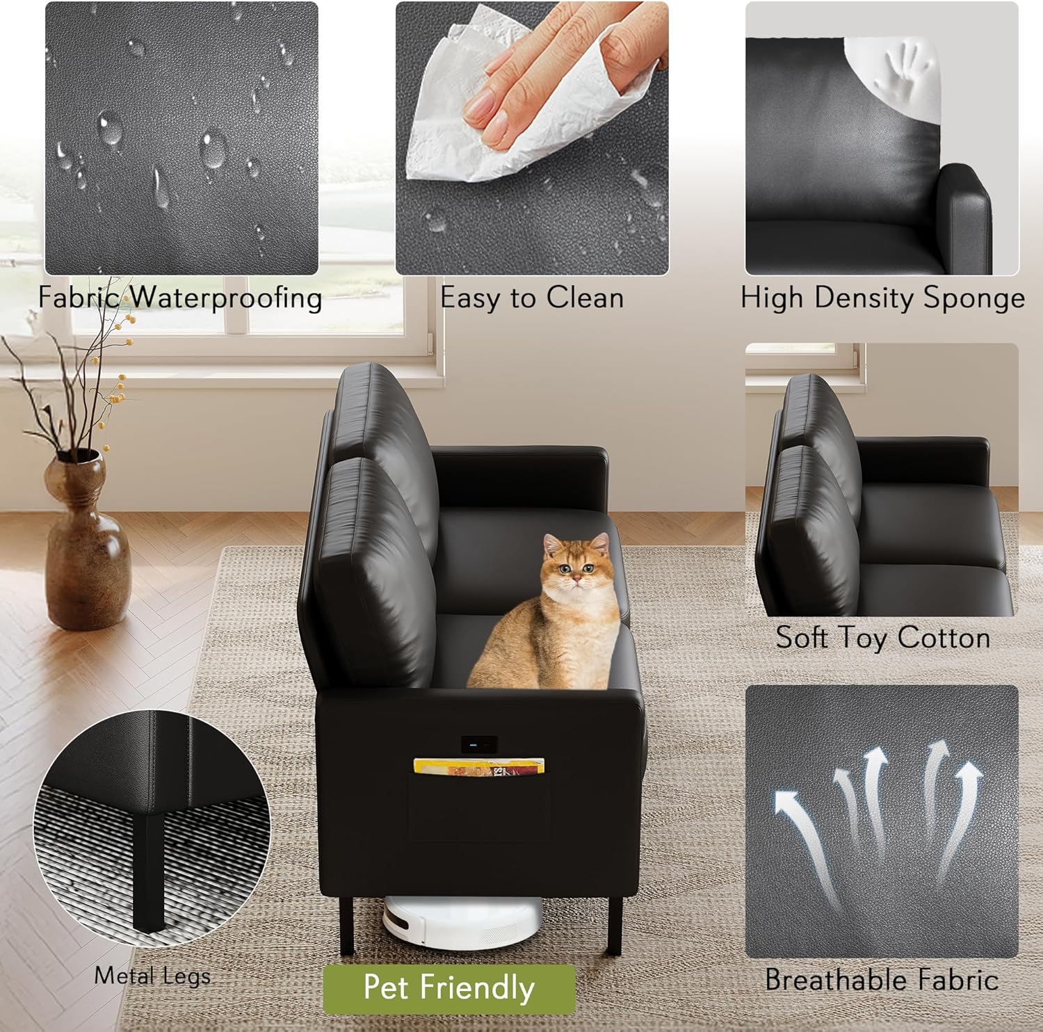 STHOUYN Modern 3-Piece Living Room Set, 56" Black Faux Leather Sofa Loveseat with USB Ports, Small Couch and Chair Set for Small Space, Apartment, Office (Black, 2 Chairs + 1 Loveseat)