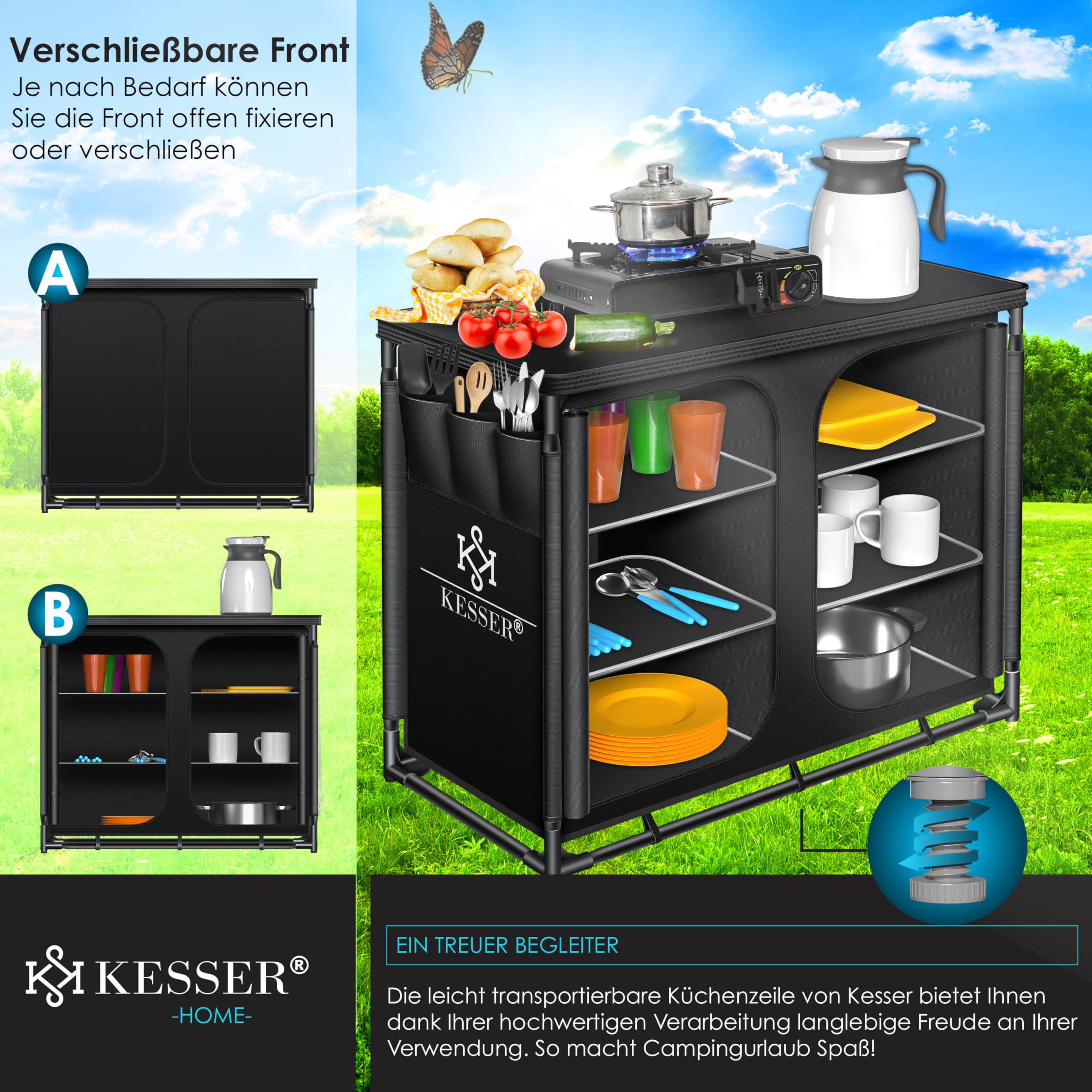 KESSER® Campingküche | Inkl. Tragetasche | Campingschrank Faltschrank | mit Aluminiumgestell | Reiseküche | Küchenbox | Zeltschrank | Outdoor Camping Küche | Schwarz/Schwarz | Typ F6