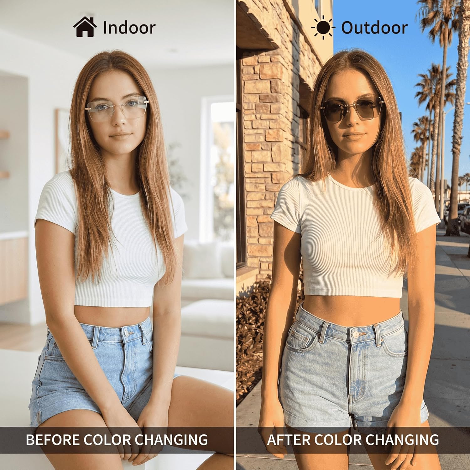 Cyxus Photochromic Glasses for Women UV Protection with Blue Light Blocking Stylish Rimless Frame 8347