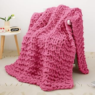 Manta de punto grueso, manta de punto grueso Strickdecke Grob suave, acogedora manta de punto trenzado 100 % manta de ganchillo Wolle con brazo a mano, sofá cama, tejido grueso, color rojo rosa, 50 x