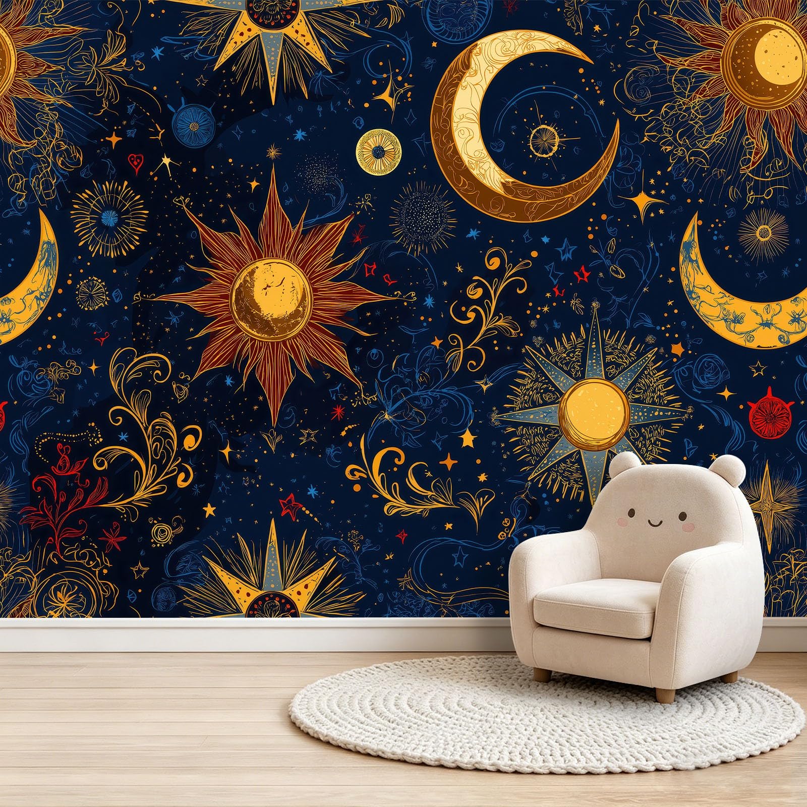 Fototapeta sztuka kosmiczna gwiaździste niebo księżyc i słońce tapeta ścienna plakat 300 x 210 cm zdjęcie do sypialni salonu TV ściana sypialnia, granatowe złoto