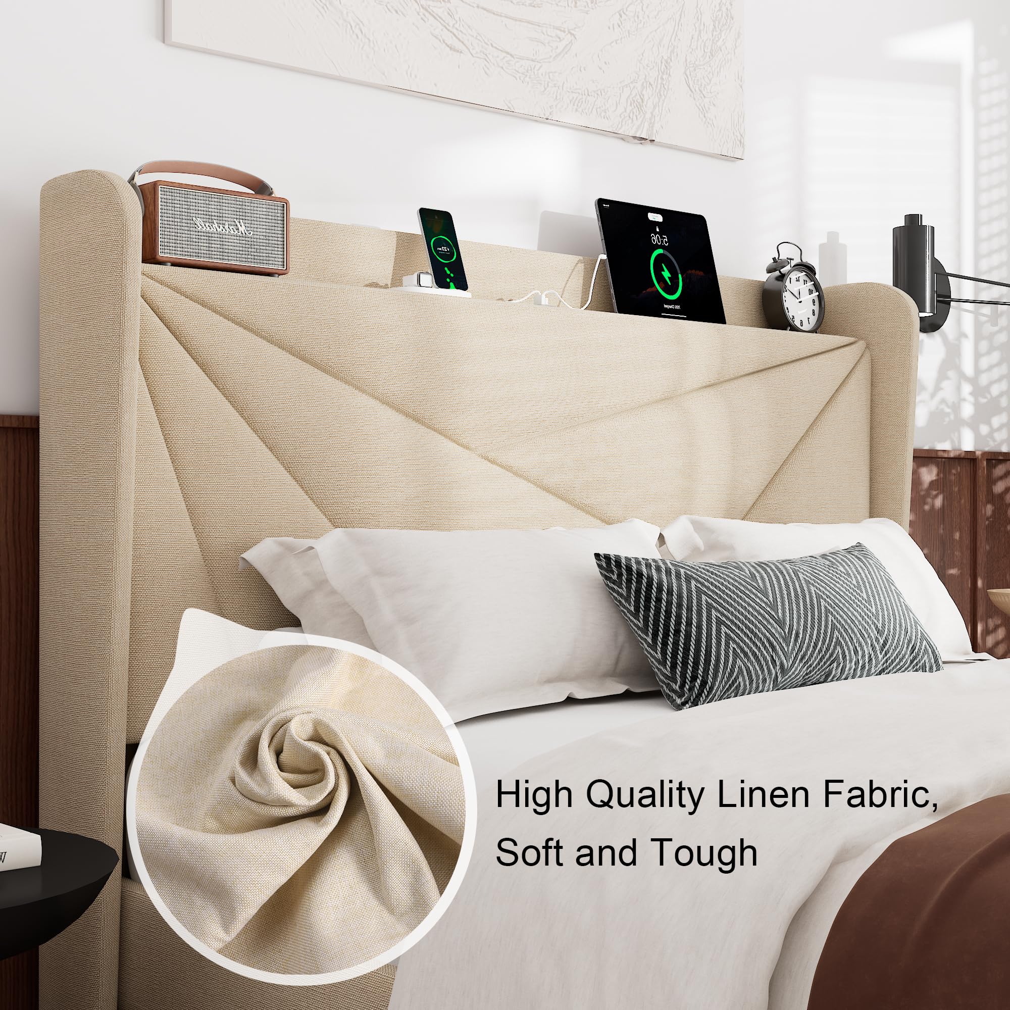 Feonase Queen Size Bed Frame with Charging Station, Linen Upholstered Platform Bed Frame with Wingback Storage Headboard, Solid Wood Slats Support, No Box Spring Needed, Noise Free, Gray: Beige Full