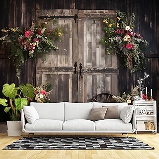 Custom Size Wall Murals,Rustic Barn Door with Colorful Floral Arrangements and Wooden Wagon Wheels,Self-Adhesive Wall Fabric(NO PVC) Removable Wallpaper for Living Room,Bedroom