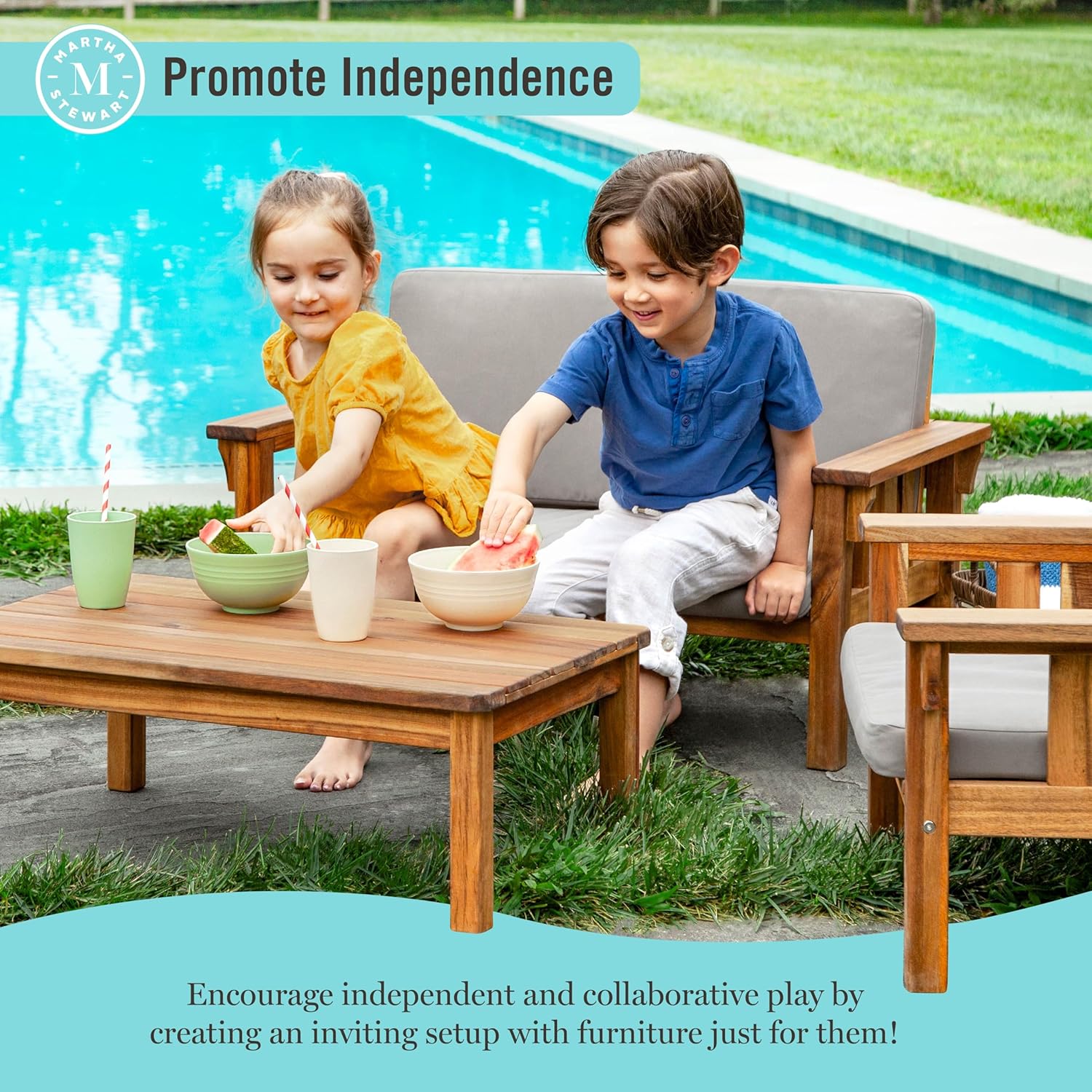 Martha Stewart Kids Outdoor Sofa Chair: Natural Acacia Wood Outdoor Couch for Kids w/Gray Polyester Cushions, 10" Seat Height | Montessori Furniture for Backyard, Patio, Garden, Porch