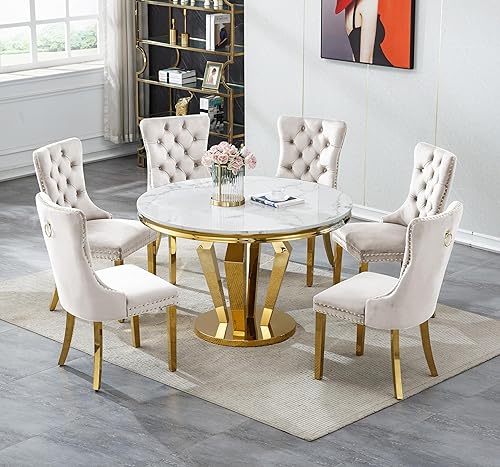Miniatura 23 de Juego de 4 mesas de comedor redondas de mármol para 4, mesa de cocina redonda moderna y sillas de terciopelo beige, mesa de comedor de mármol blanco