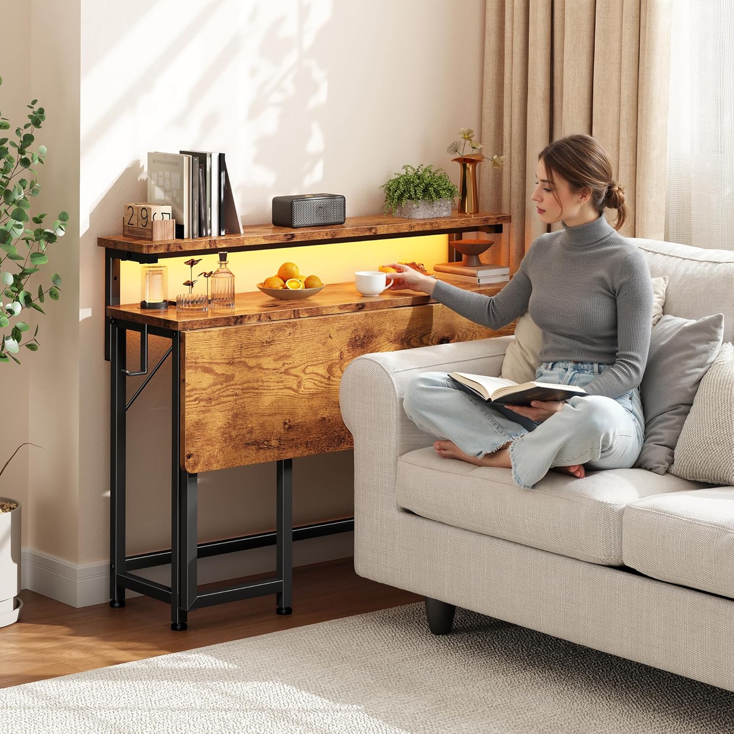 Folding Desk for Small Space,Foldable Computer Desk with Monitor Stand,31.5 Inch Small Desk with LED Lights for Bedroom Home Office,Writing Work Office Computer Desk with Hooks,Rustic Brown - Image 9