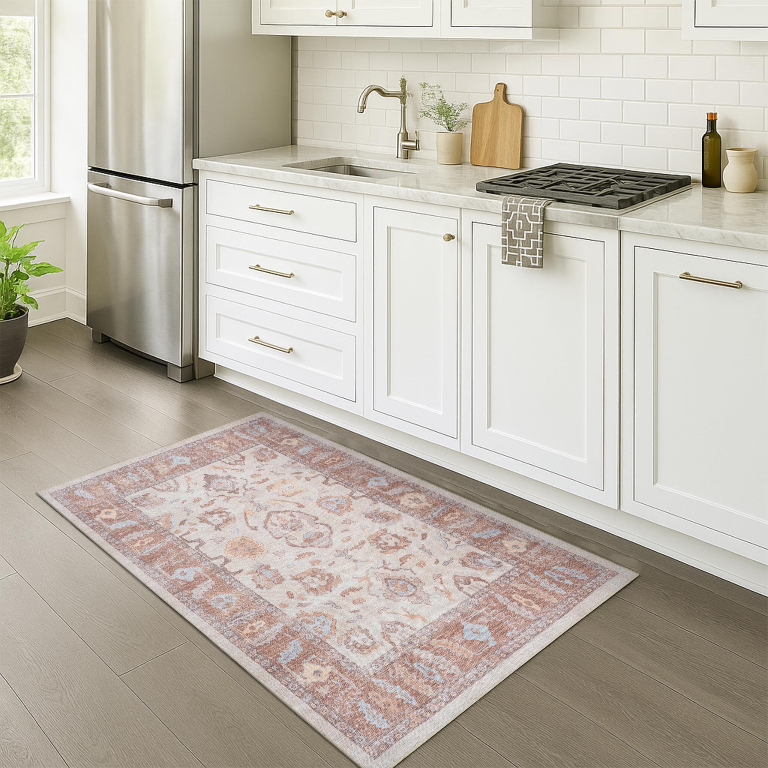 fame rugs brown modern oushak rug 3x5, washable vintage turkish colorful oriental antique inspired foldable small area rugs, luxury living room bedroom (383bb, 2'6" x 5')