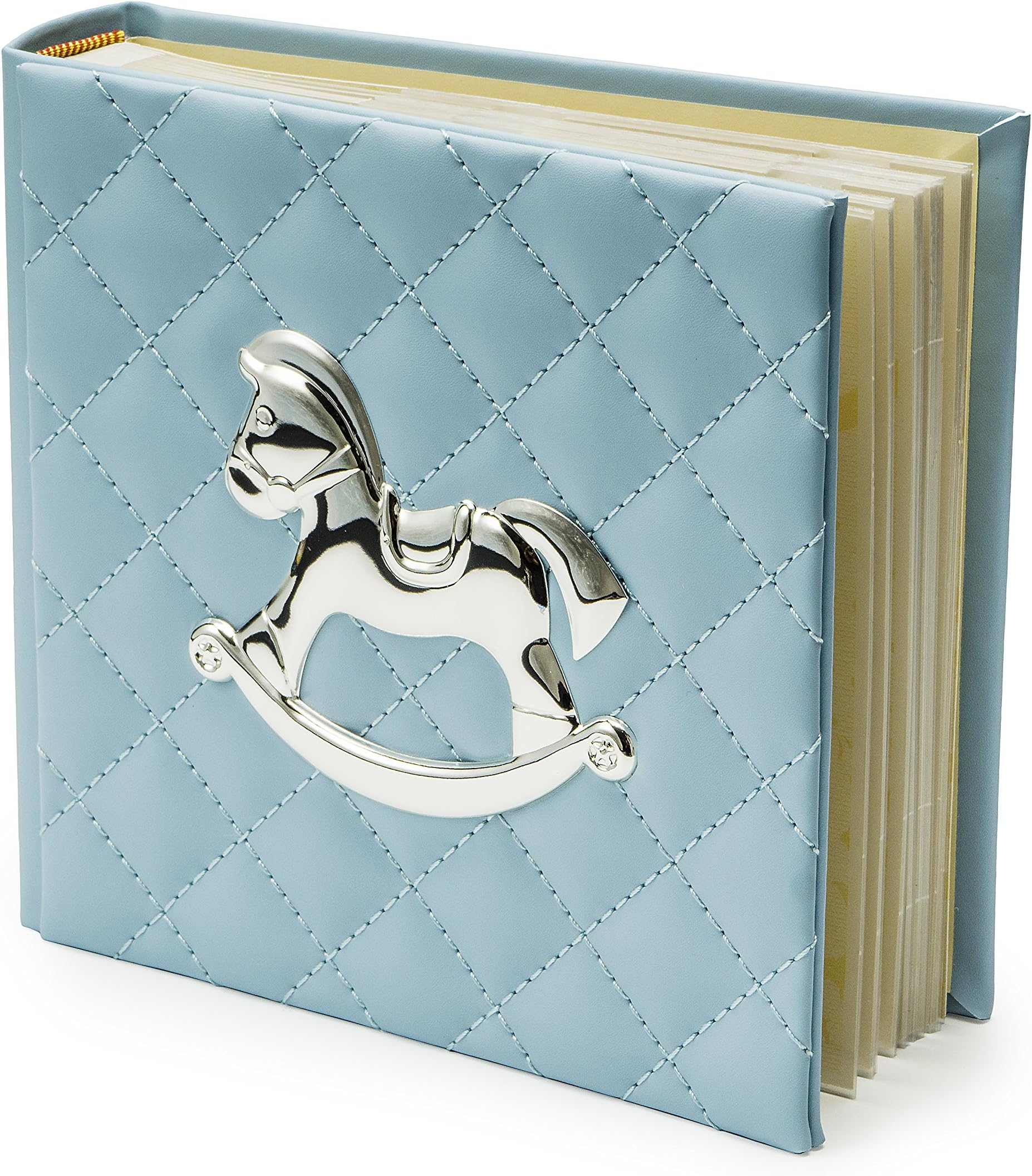 Elegant & Fine Photo Album Beautifully Crafted Blue Faux Leather 40 Pages Space for 80 Pictures 4''x6'' Adorned with Silver Plated Rocking Horse