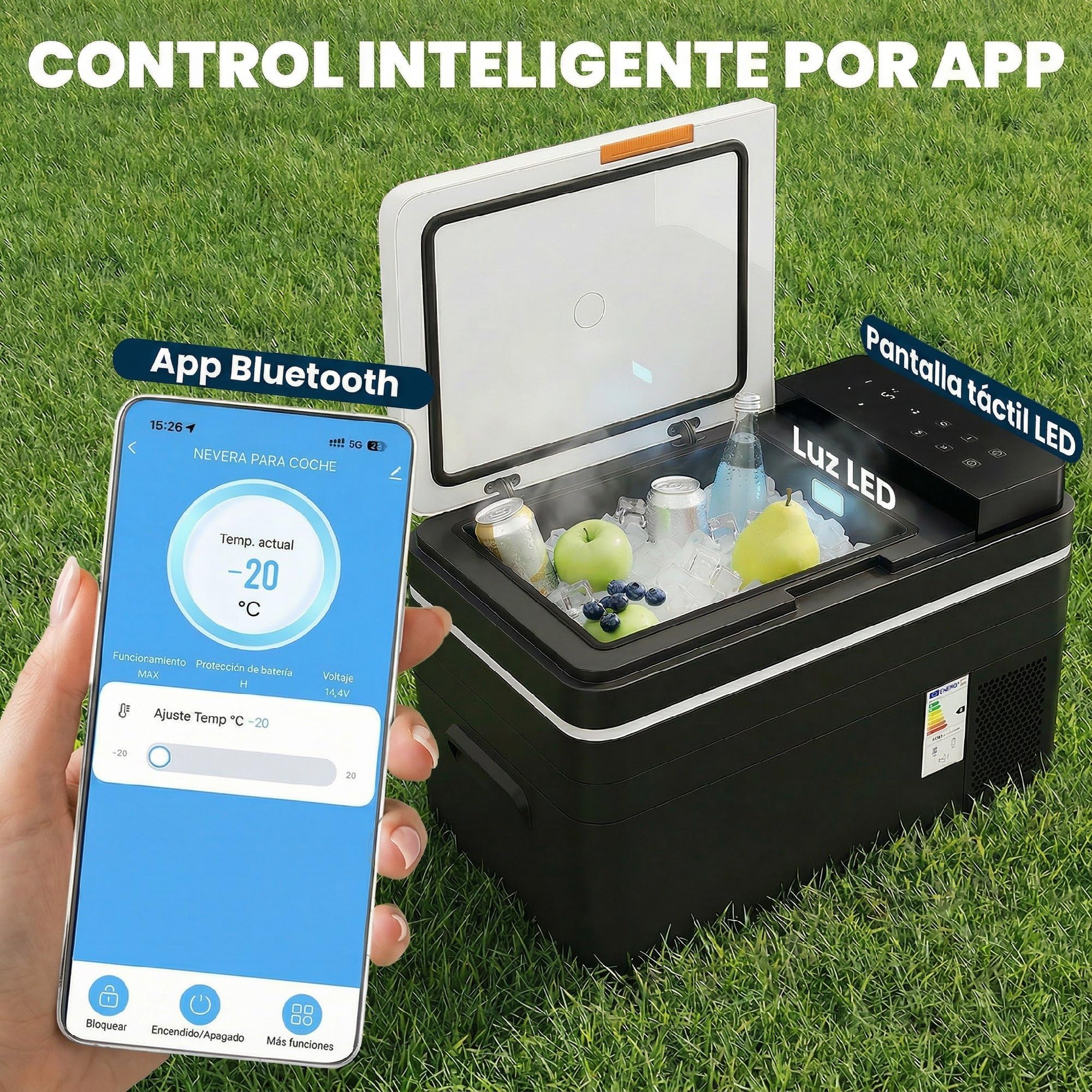 Outsunny Nevera Portátil Eléctrica 30L 12/24/240V Refrigerador de Coche con Compresor Control por App Bluetooth Pantalla Luz LED Modos ECO y MAX de -20℃ a +20 ℃ Asa Carga 300 kg para Camión Camping