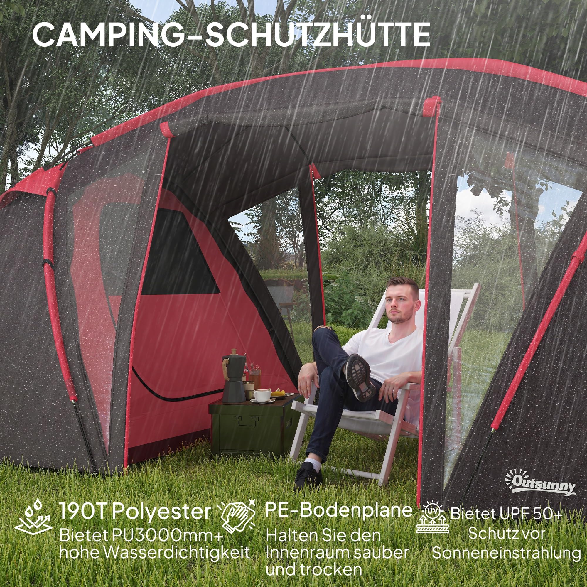 Outsunny Tunnelzelt, Campingzelt für 4-6 Personen, mit 3 Räumen, Lichthaken, Gruppenzelt mit Doppeltüren, 3000mm Wasserabweisend Familienzelt, für Garten, Campingplatz, Grau