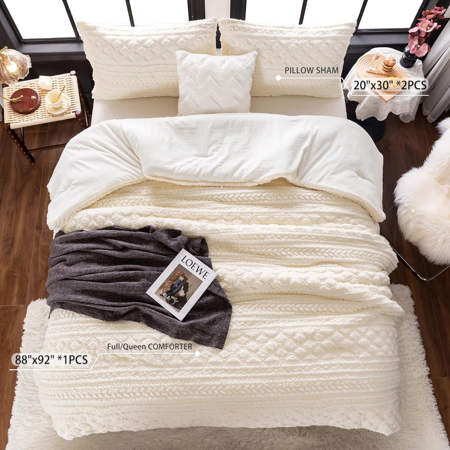 COTTEBED Reversible Sherpa Fluffy Comforter Queen Set, Boho Tufted Full Size Bedding Down Comforter Bed Set, Ultra-Soft Lightweight Washed Cotton Shabby Plush Fleece Sherpa All Season, Off White Ivory - Image 3
