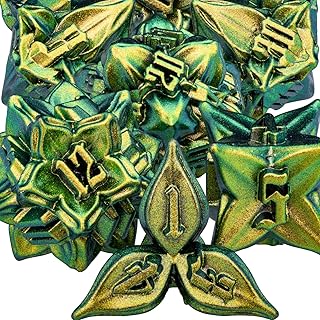 ARUOHHA DND Metal Dice Set Yellow Green Dungeons and Dragons Dice with Box, 7PCS Leaf Design D&D Dice Handmade Polyhedral Dice RPG D and D Role Playing Games Dice D20 D12 D10 D8 D6 D4