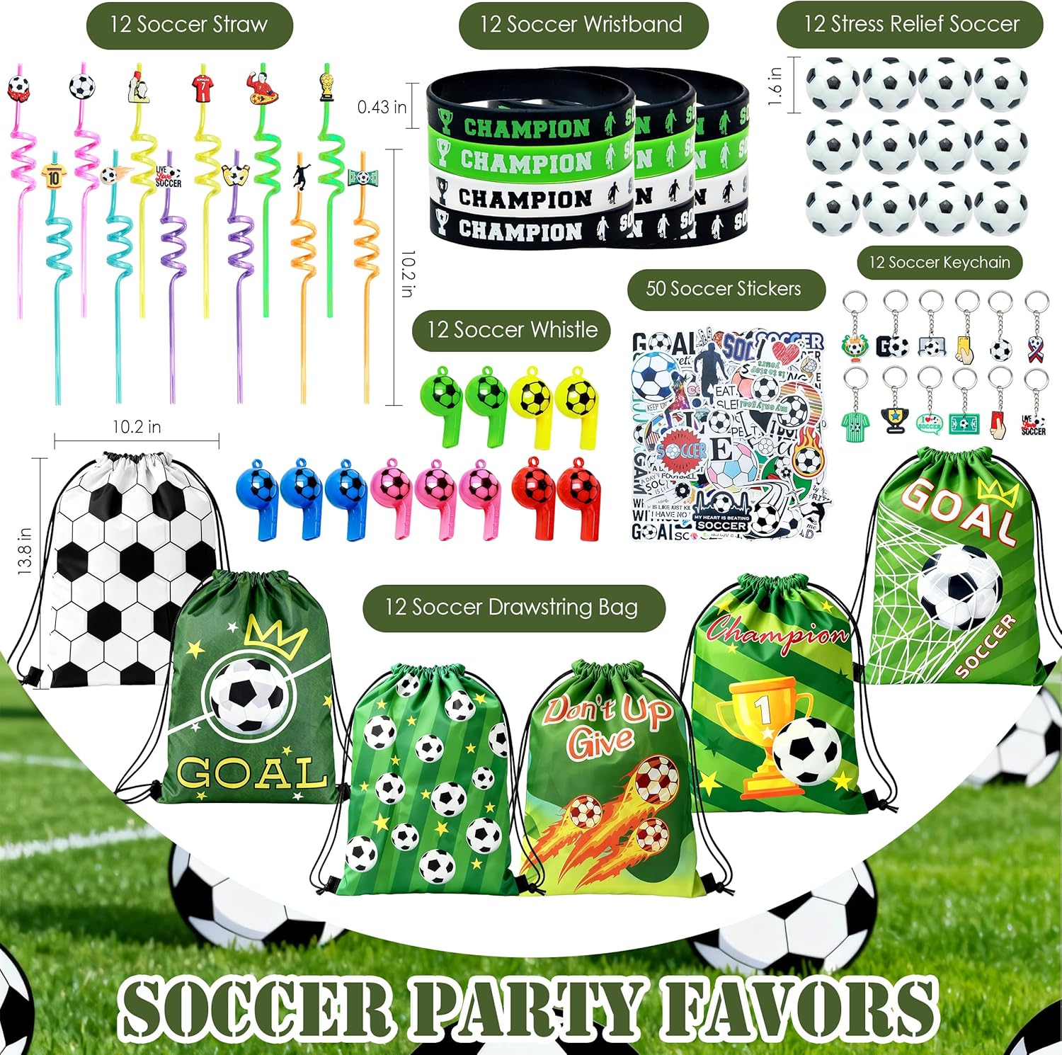 J6&H6 122 Pcs Soccer Party Favors Soccer Goodie Bags Including 12 Soccer Drawstring Bags Stress-relieving Soccer Straws Keychains silicone Wristband and stickers for Soccer Party Gift. (soccer) - Image 3